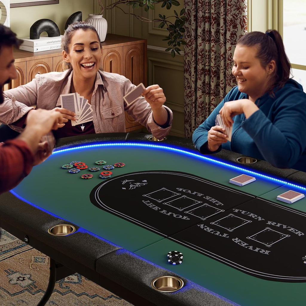 Goplus 84' Foldable Poker Table with LED Lights, 10 Players Card Board Game Table w/Casino Grade Felt, Steel Cup Holder, Padded Rails, for Texas Hold'em, Blackjack, No Assembly Required (Green)