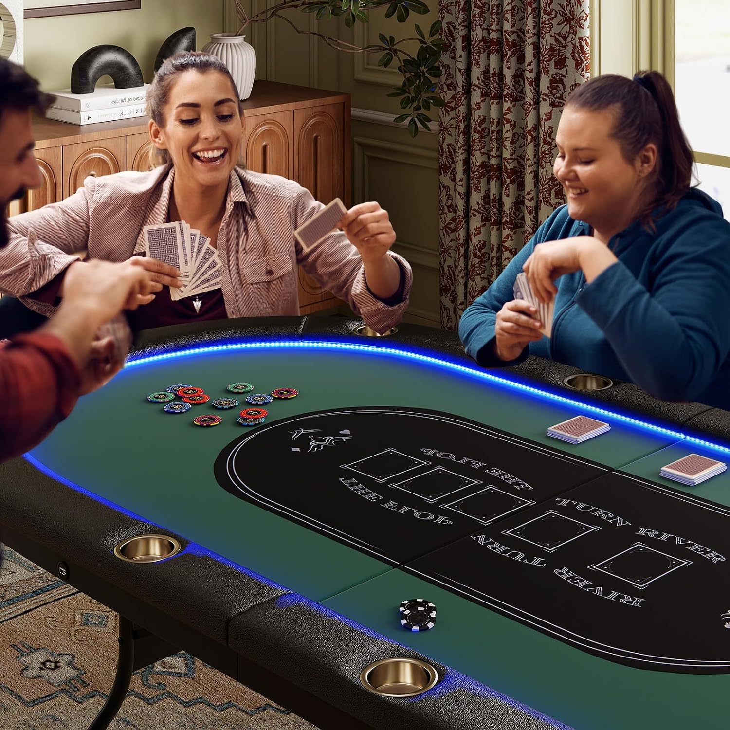 Goplus 84' Foldable Poker Table with LED Lights, 10 Players Card Board Game Table w/Casino Grade Felt, Steel Cup Holder, Padded Rails, for Texas Hold'em, Blackjack, No Assembly Required (Green)
