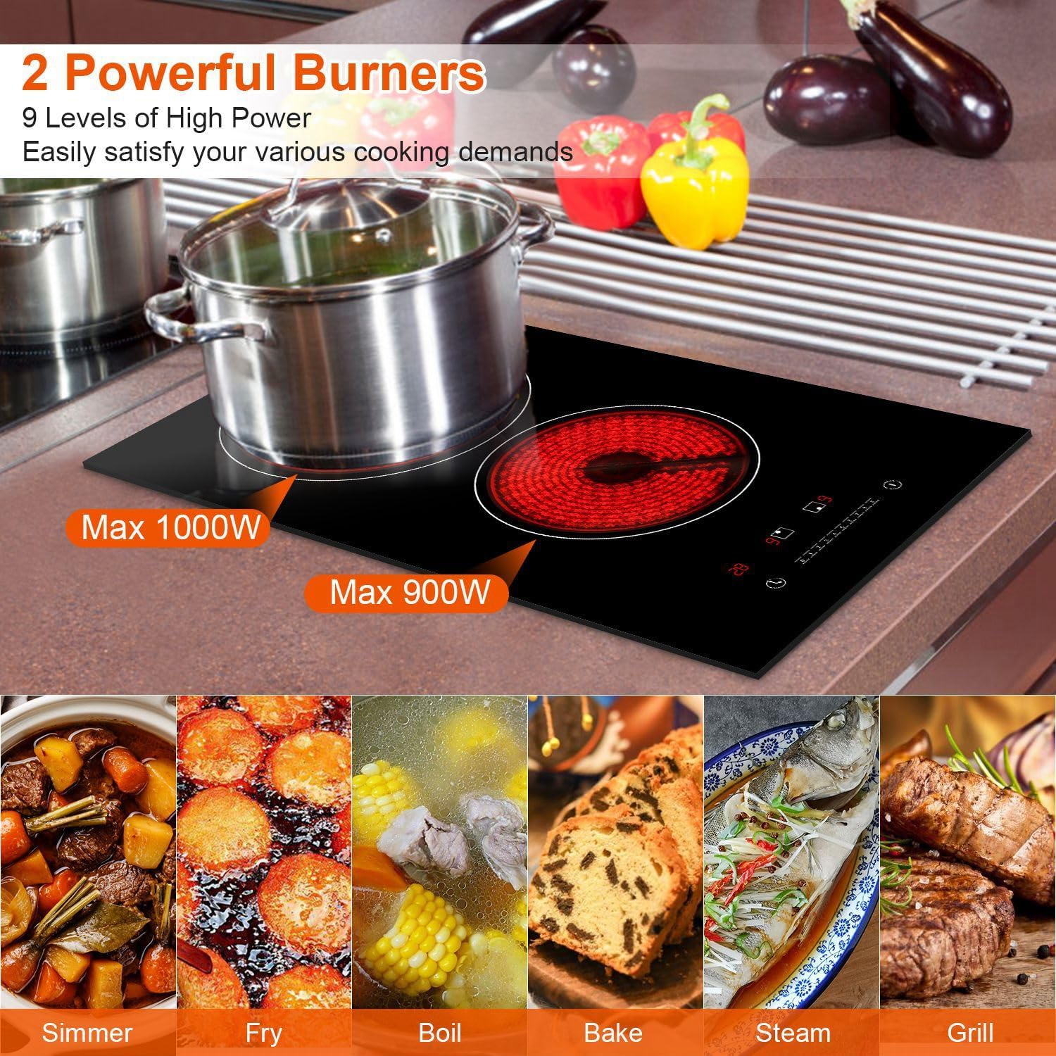 TeqHome 2 Burner Electric Cooktop, 1900W Plug in Radiant Electric Stove Top, 12' Built-in Ceramic Cooktop with Residual Heat Indicator, 9 Power Levels,Touch Control,Timer,Overheat Protection,110V-120V