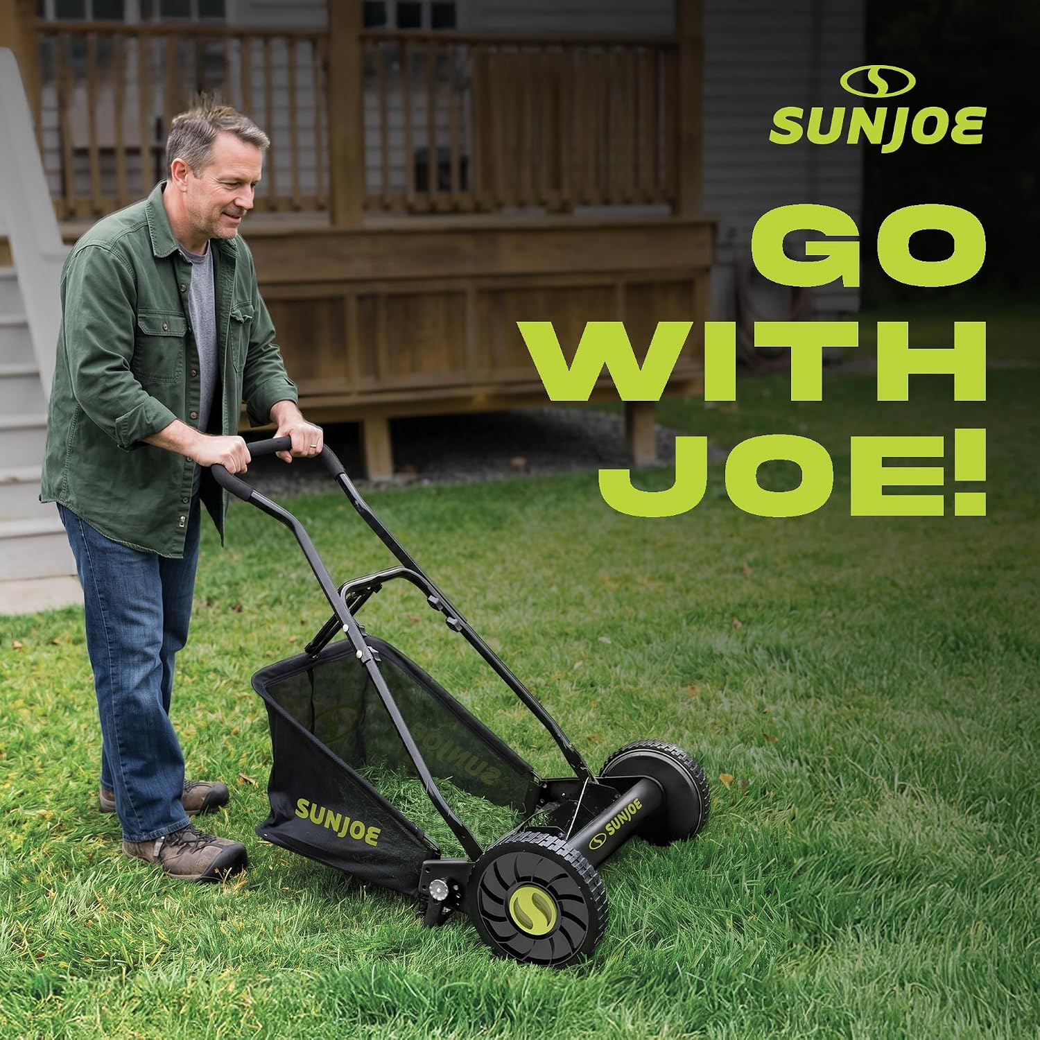 Sun Joe Manual Push Reel Lawn Mower with 6.6-Gal Grass Catcher, 16-Inch Cutting Width - Heavy-Duty Yard Trimmer Machine for Gardening Care and Maintenance, MJ500M
