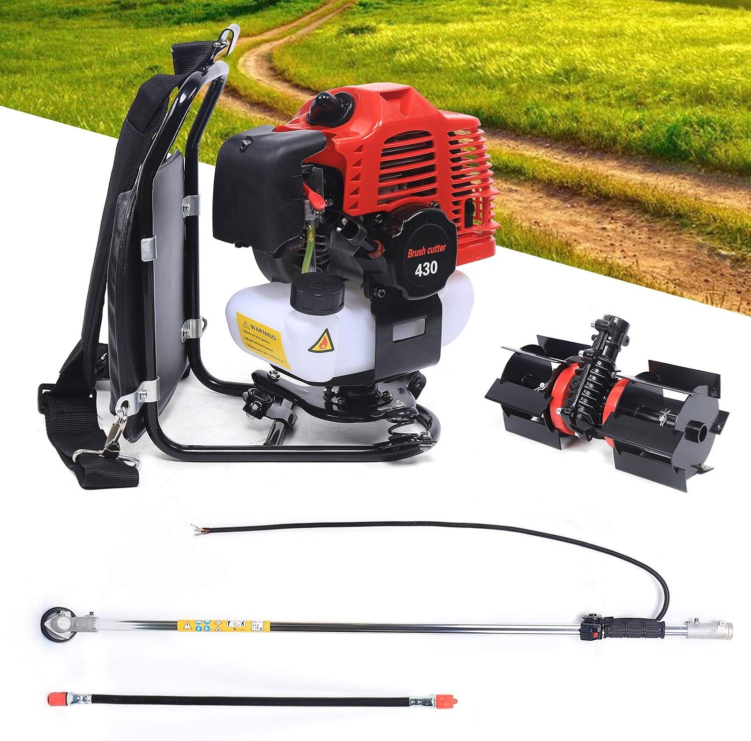 Backpack Gas Garden Brush Cutter Tiller, 3 in 1 43CC 2 Stroke Lawn Mower Brush Cutter Grass Hedge Trimmer, Cultivator Lawn Mower for Farmland Weeding Harvesting Clearing Ditching (2-Stroke)