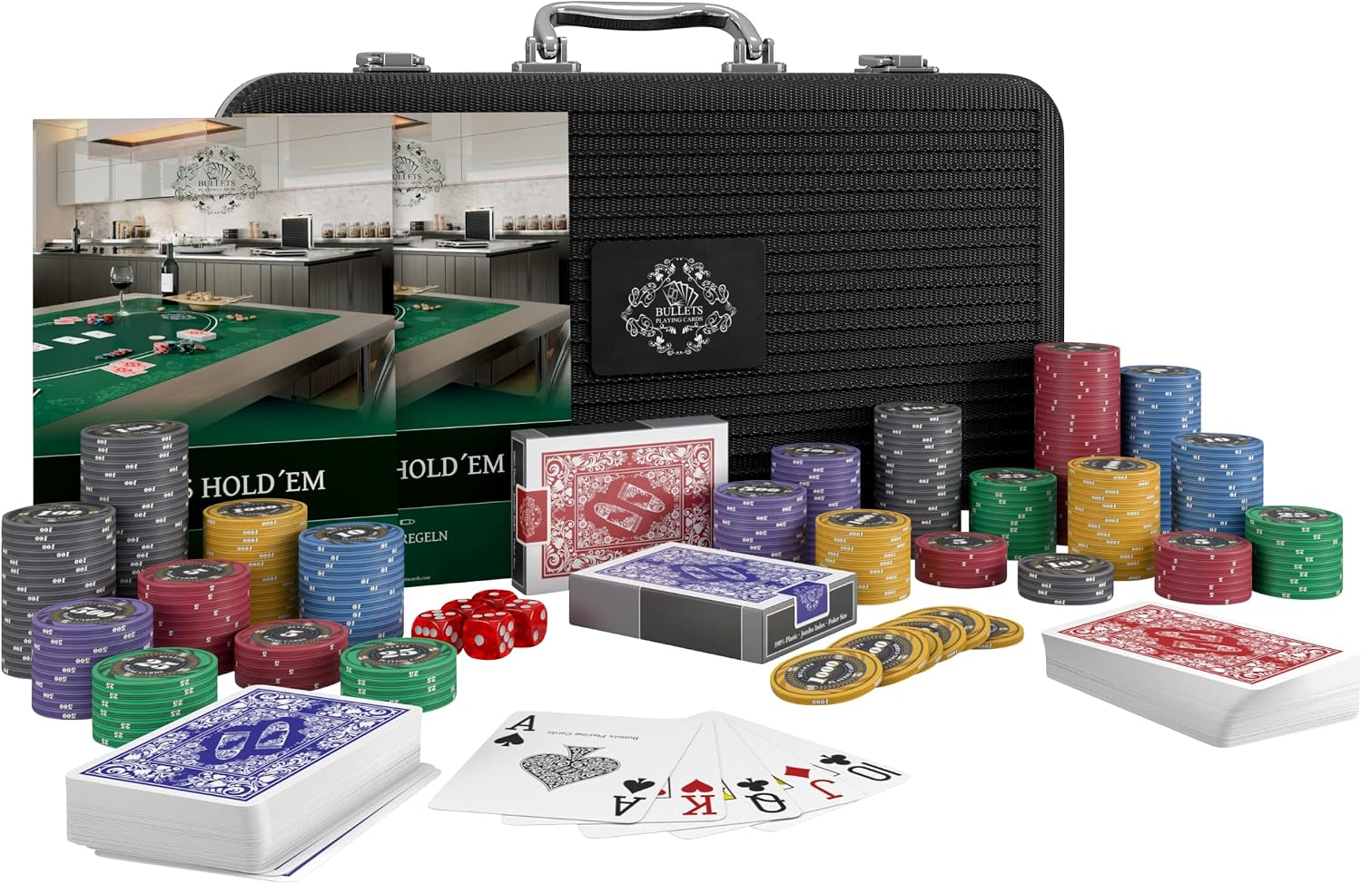 Bullets Playing Cards | Professional Poker Set Silvio | 300 Ceramic Poker Chips (10 g) with Premium Carrying Case – Casino Poker Set for Texas Hold'em