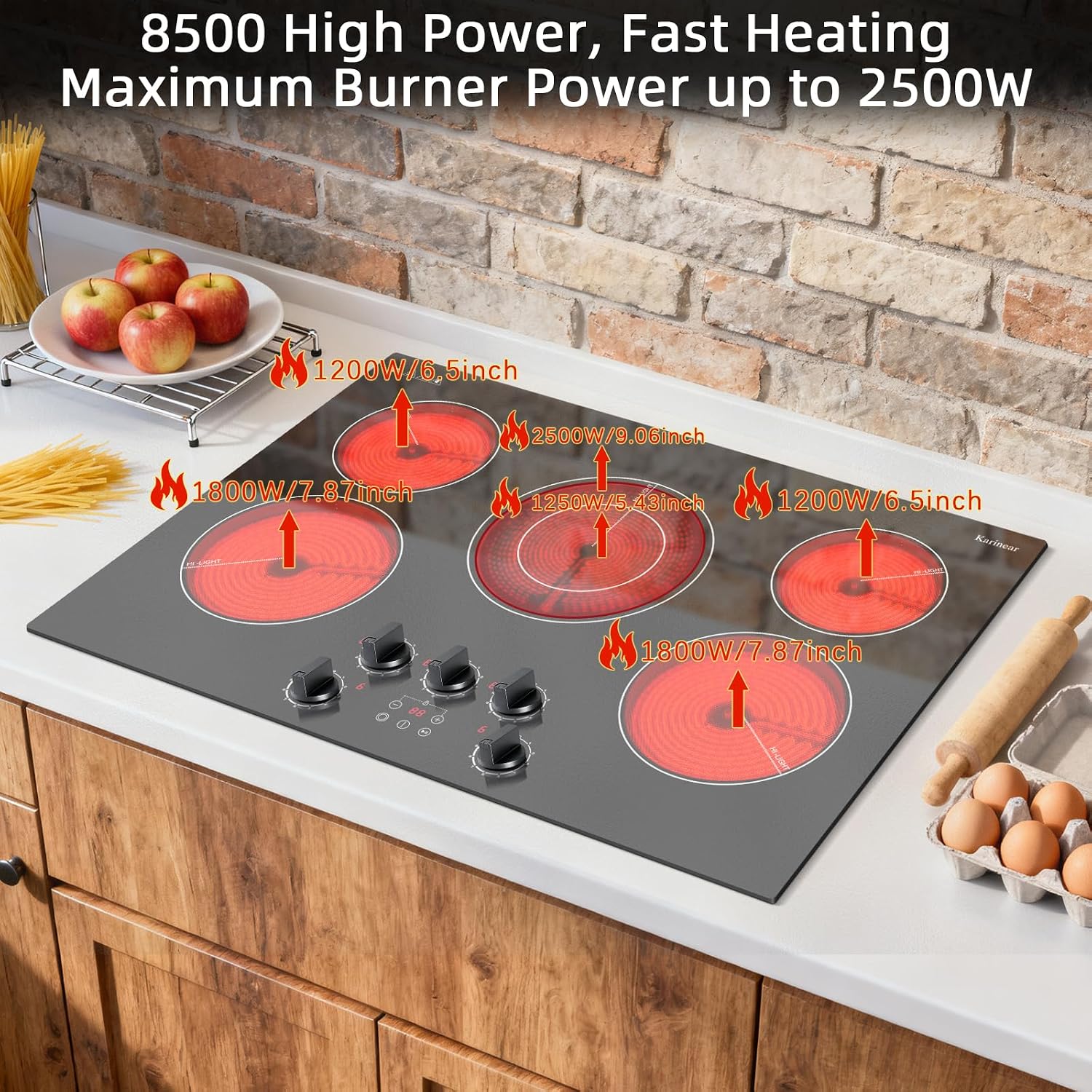 Karinear Electric Cooktop 30 Inch, 5 Burner Radiant Cooktop with Knob & Touch Control, 8500W 240V Built-in Stove Top, 9 Power Levels, Timer, Child Lock, Pause, Residual Heat Indicator(Black Knob)
