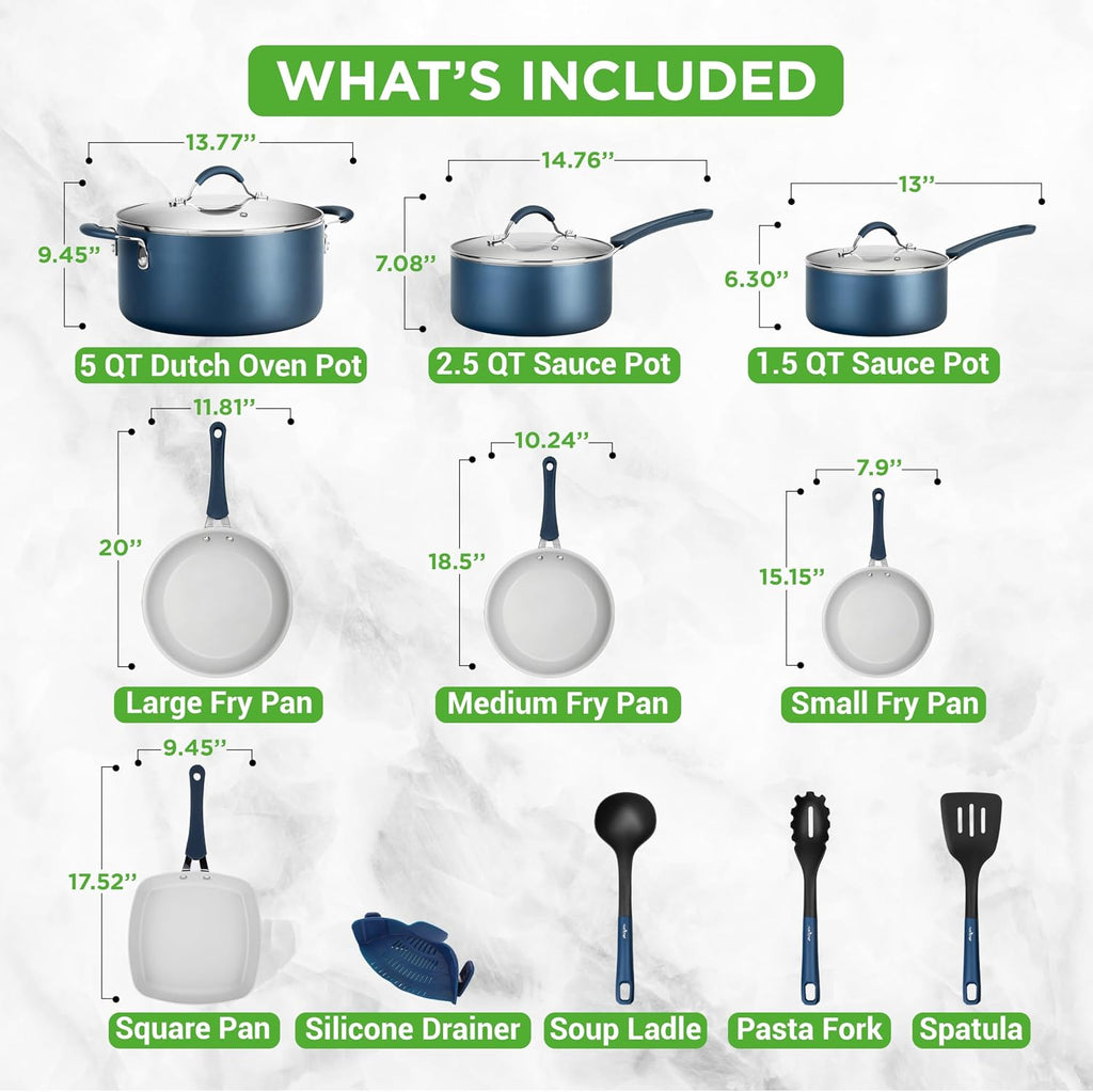 NutriChef 14-Piece Navy Blue Nonstick Cookware Set - Durable Pots and Pans Set with Lids & Utensils, Compatible with All Cooktops