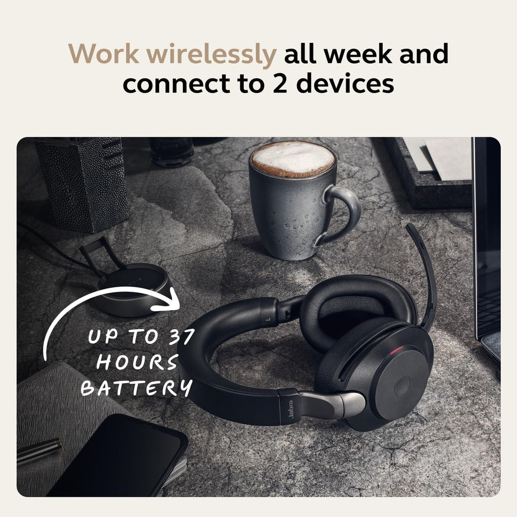 Jabra Evolve2 85 Wireless PC Headset – Noise Cancelling UC Certified Stereo Headphones with Long-Lasting Battery – USB-C Bluetooth Adapter – Black