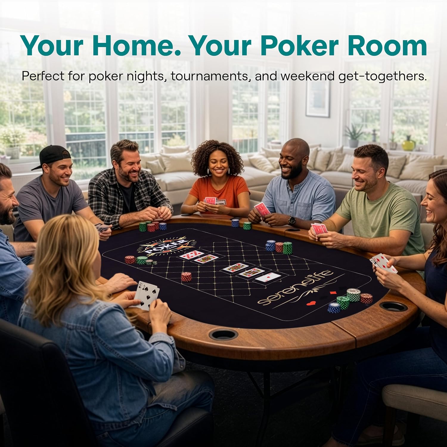 SereneLife 7ft Poker Table for 10 Players - Heavy Duty Oval Texas Hold'em Casino Table for Game Room, 25mm Reinforced Metal Legs, Durable Black PVC Rail, 10 Deep Cup Holders & Professional Layout