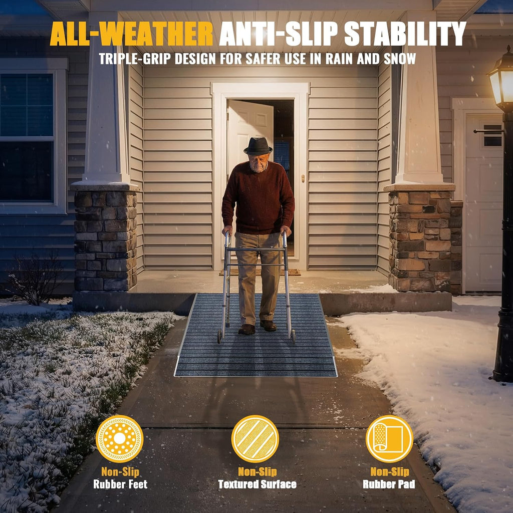 Aluminum Threshold Ramp for Doorways, 36' x 36', Adjustable for 3.34' to 6.3' Rise, Includes Non-Slip Thick Door Mat, Non-Slip Surface, Portable Wheelchair Ramp for Steps, Curbs and Entryways
