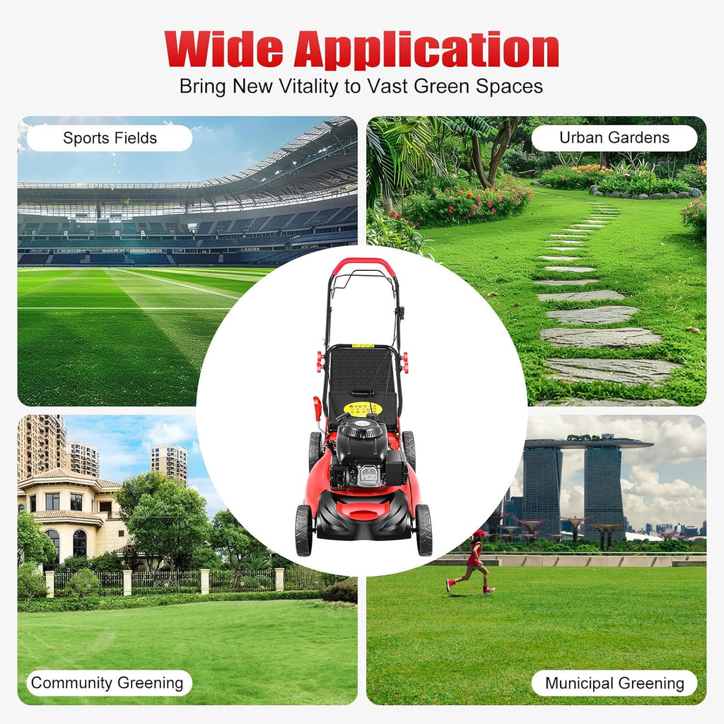 140CC Self Propelled Gas Lawn Mower, 4-Stroke Gasoline Walk-Behind Lawn Mower, 5HP Cordless Walk Behind Brush Cutter wuth 8 Gears Adjustable Cutting Height and 20' Mowing Width, 15.9Gal Bag