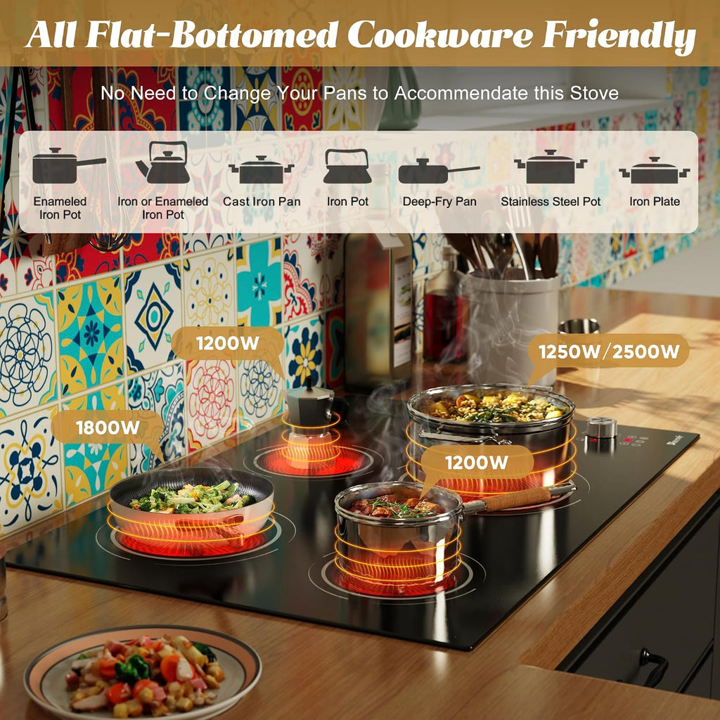 30 Inch Electric Cooktop 4 Burner - Built-in(29.13'x19.3') Ceramic Stovetop 6700W, 30' Electric Cook Top with Timer, Safety Lock, Pause, Dual Ring, 220V - 240V Hard Wire (Black-Sliver Knob)