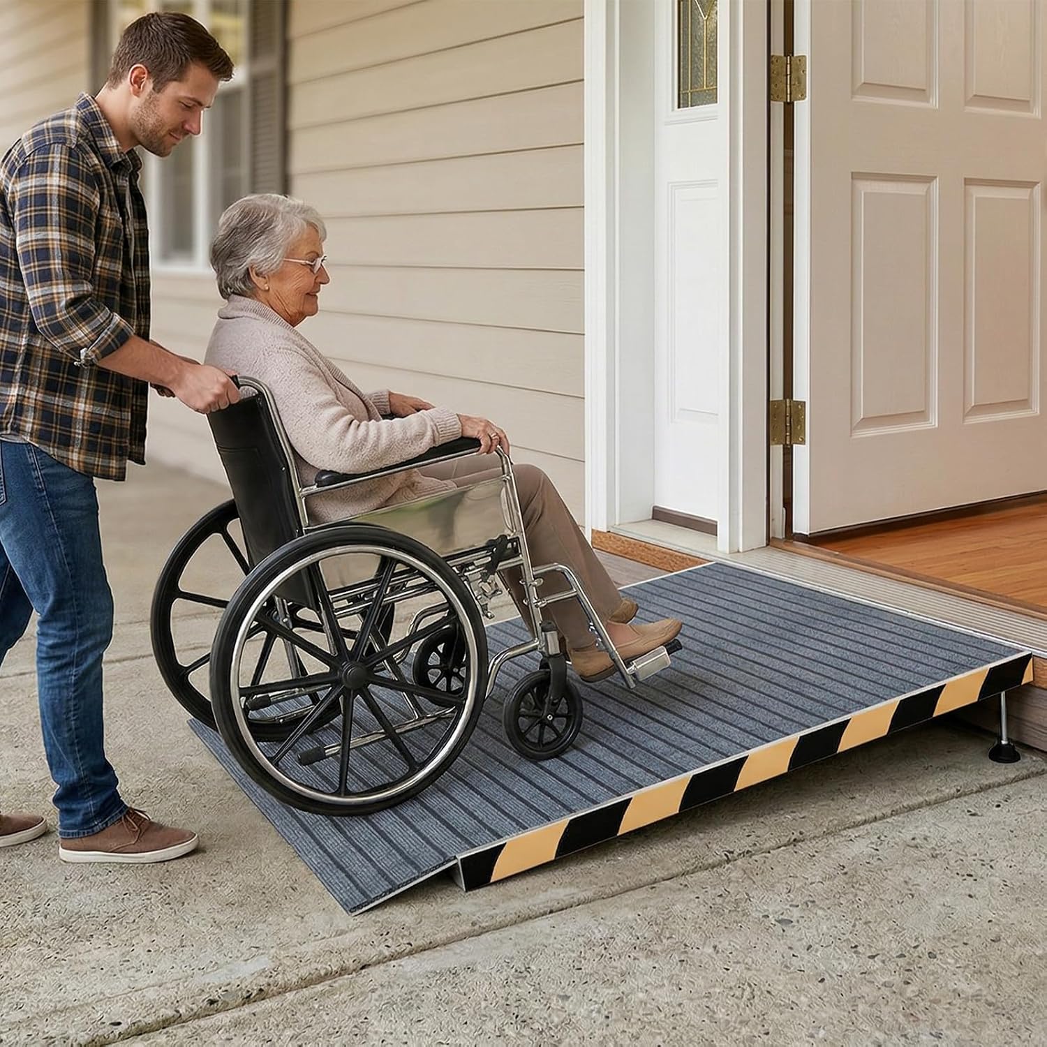 Aluminum Threshold Ramp for Doorways, 36' x 36', Adjustable for 3.34' to 6.3' Rise, Includes Non-Slip Thick Door Mat, Non-Slip Surface, Portable Wheelchair Ramp for Steps, Curbs and Entryways