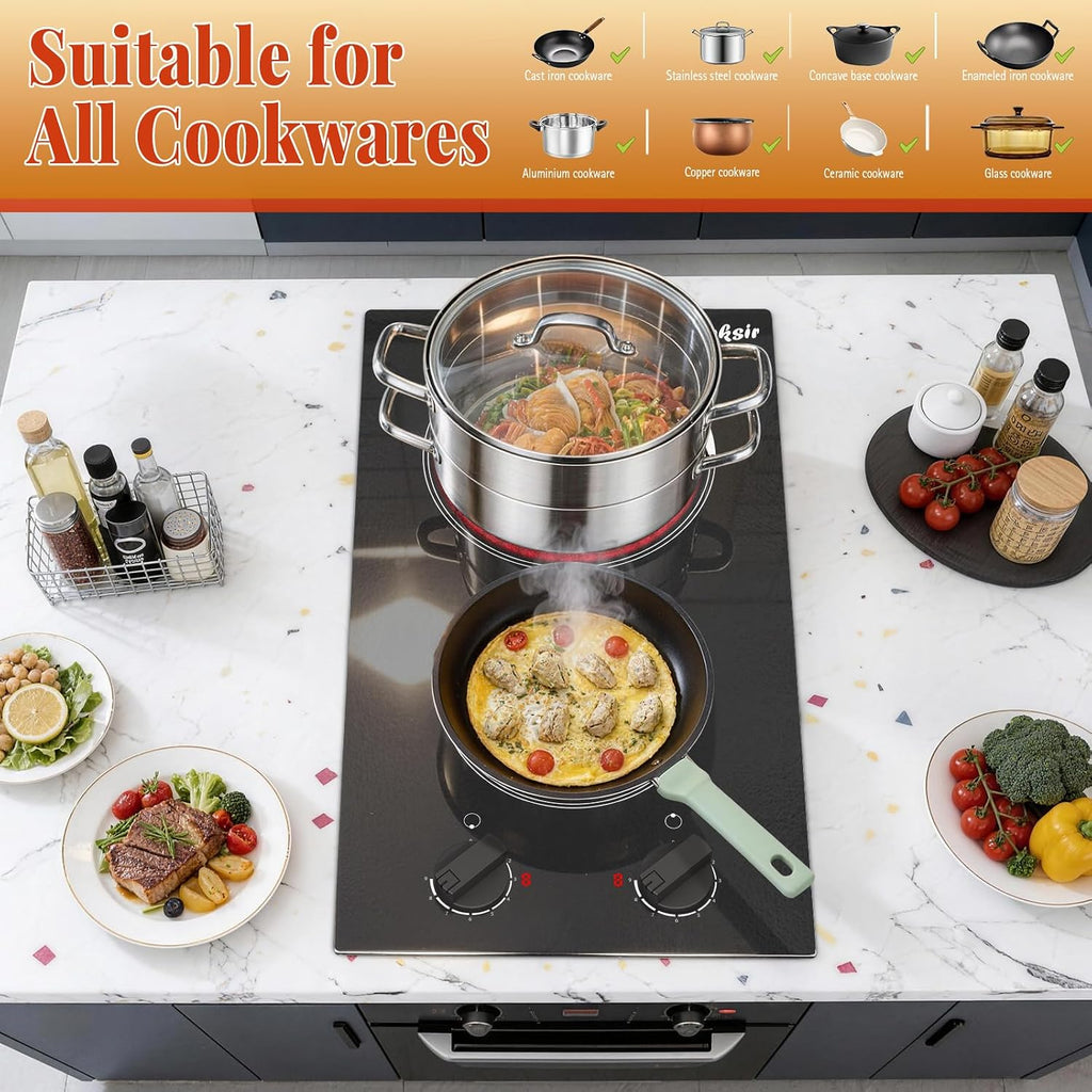 2 Burner Electric Cooktop - 110v Countertop and Built-in Electric Stove 2000W, 12 Inch Ceramic Stove with Residual Heat Indicator, Over-Temperature Protection, Knob Control, 110-120V Plug in