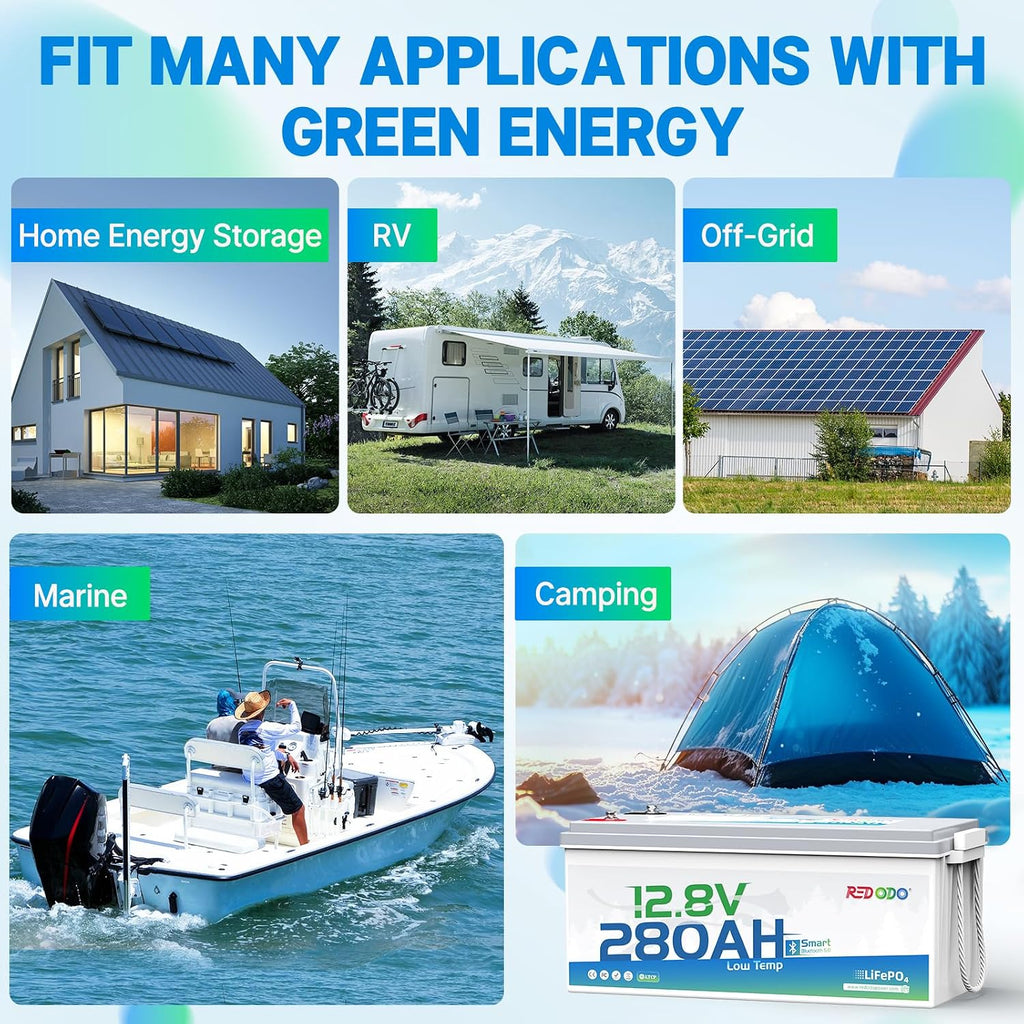 Redodo 12V 280Ah Bluetooth Lifepo4 Battery, Low Temp Cut-off Max 3584Wh Lithium Battery with 200A BMS, 4000+ Cycle, Ideal for Trolling motor, Marine, RV and Off Grid
