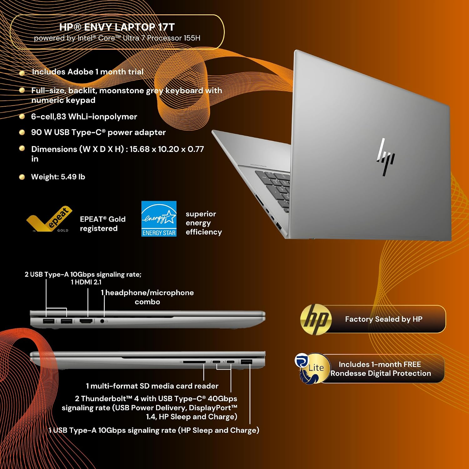 HP Envy 17T Laptop, Intel® Core™ Ultra 7 155H (up to 4.8 GHz), Intel Arc Graphics 32GB RAM,1TB SSD, 17.3' FHD Touch, Win 11 PRO, WiFi 6,Free Rondesse Lite-Real Time Scam and Legal Protection