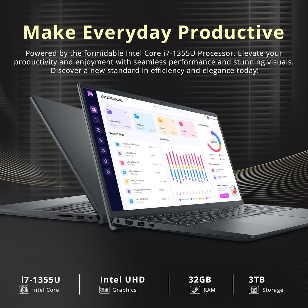 Dell Inspiron 15.6' FHD Touchscreen Laptop, Intel i7-1355U, 32GB RAM, 3TB Storage (2TB SSD+1TB Docking Station Set), Intel UHD Graphics, Numeric Keypad, 720p Webcam, Wi-Fi 6, Win 11 Pro, Black