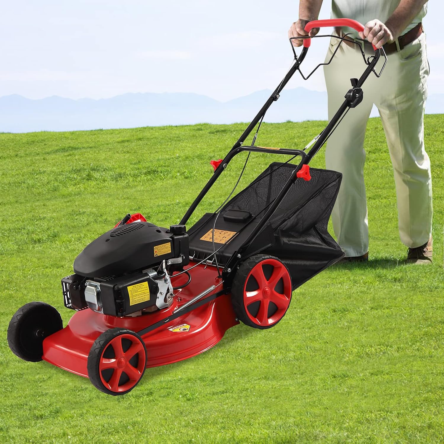 20Inch Gas Powered Lawn Mower, 3-in-1 140CC Self-Propelled Gas Mower with Bagger, 8 Adjustable Heights, 4000W 2800RPM,1.6L/0.42Gallon Fuel Tank, Perfect for Small to Medium Sized Yards