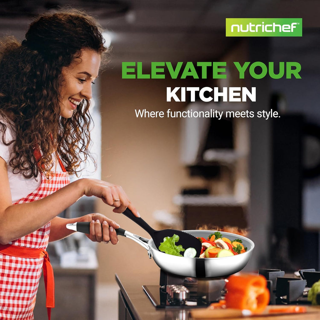 NutriChef 12-Piece Stainless Steel Kitchenware - Pots & Pans Set Clad Kitchen Cookware w/ Silicone Grip Handles, Fry Pan Interior Coated w/ Prestige Ceramic Non-Stick Coating, Stylish Kitchen Cookware