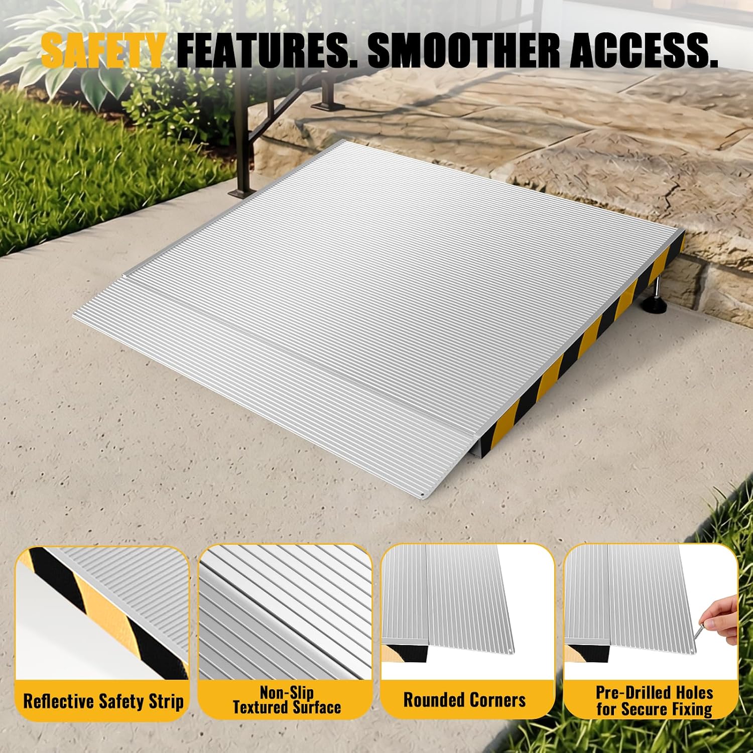 Aluminum Threshold Ramp for Doorways, 36' x 36', Adjustable for 3.34' to 6.3' Rise, Includes Non-Slip Thick Door Mat, Non-Slip Surface, Portable Wheelchair Ramp for Steps, Curbs and Entryways