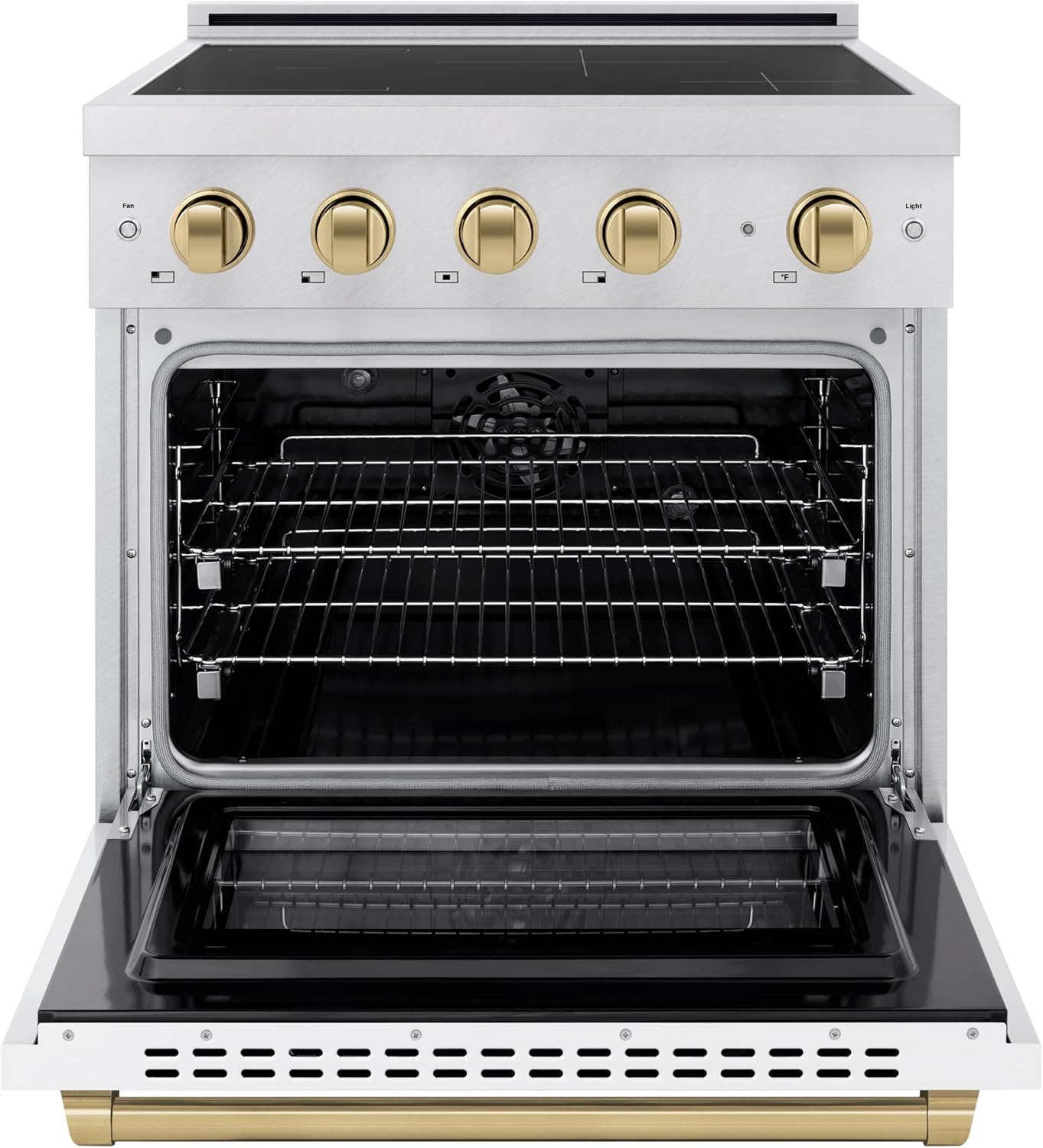 ZLINE Autograph Edition 30 in. 4.2 cu. ft. Paramount Induction Range with 4 Element Cooktop and Electric Convection Oven in Satin Stainless Steel with White Matte Door and Champagne Bronze Accents
