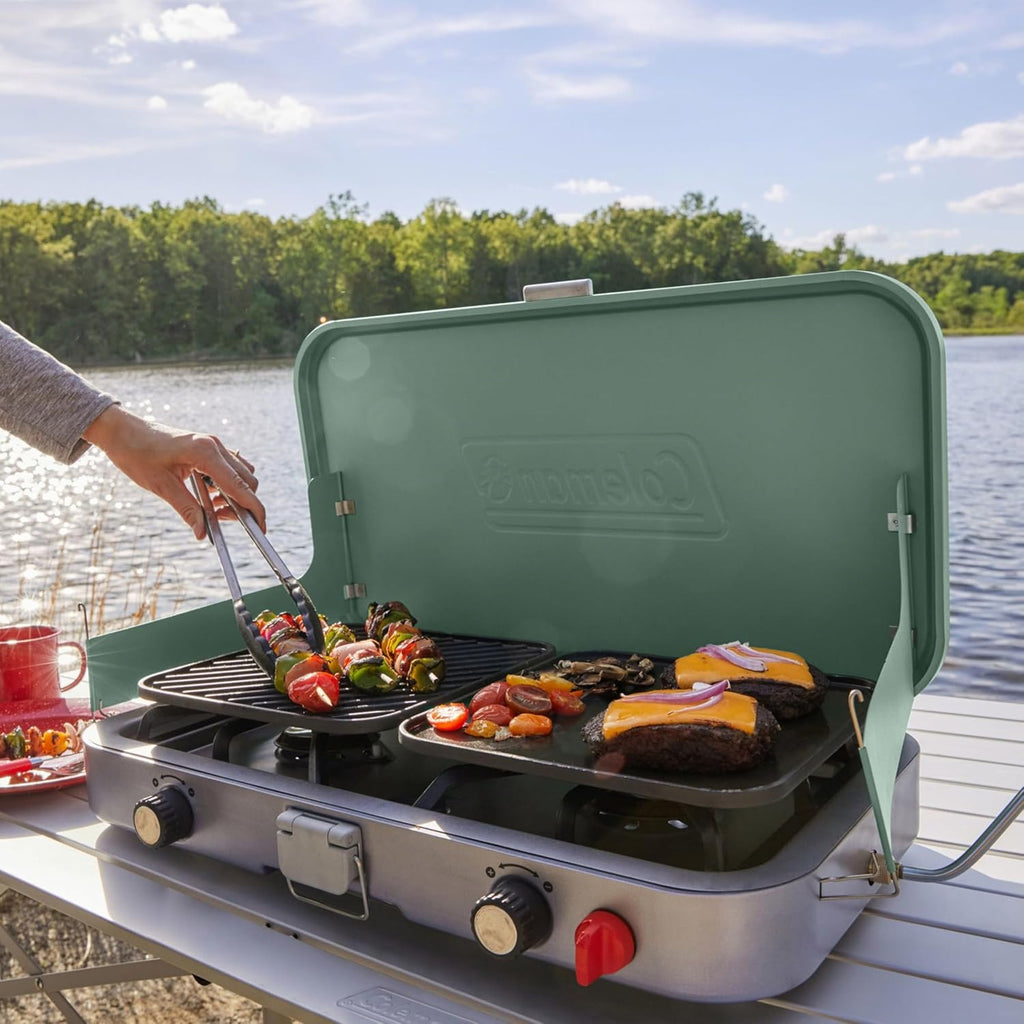 Coleman Cascade 3-in-1 Outdoor Camp Stove, Portable Cooktop with Included Cast-Iron Grill & Griddle Accessories, 24,000 BTUs of Power for Camping, Tailgating, Grilling