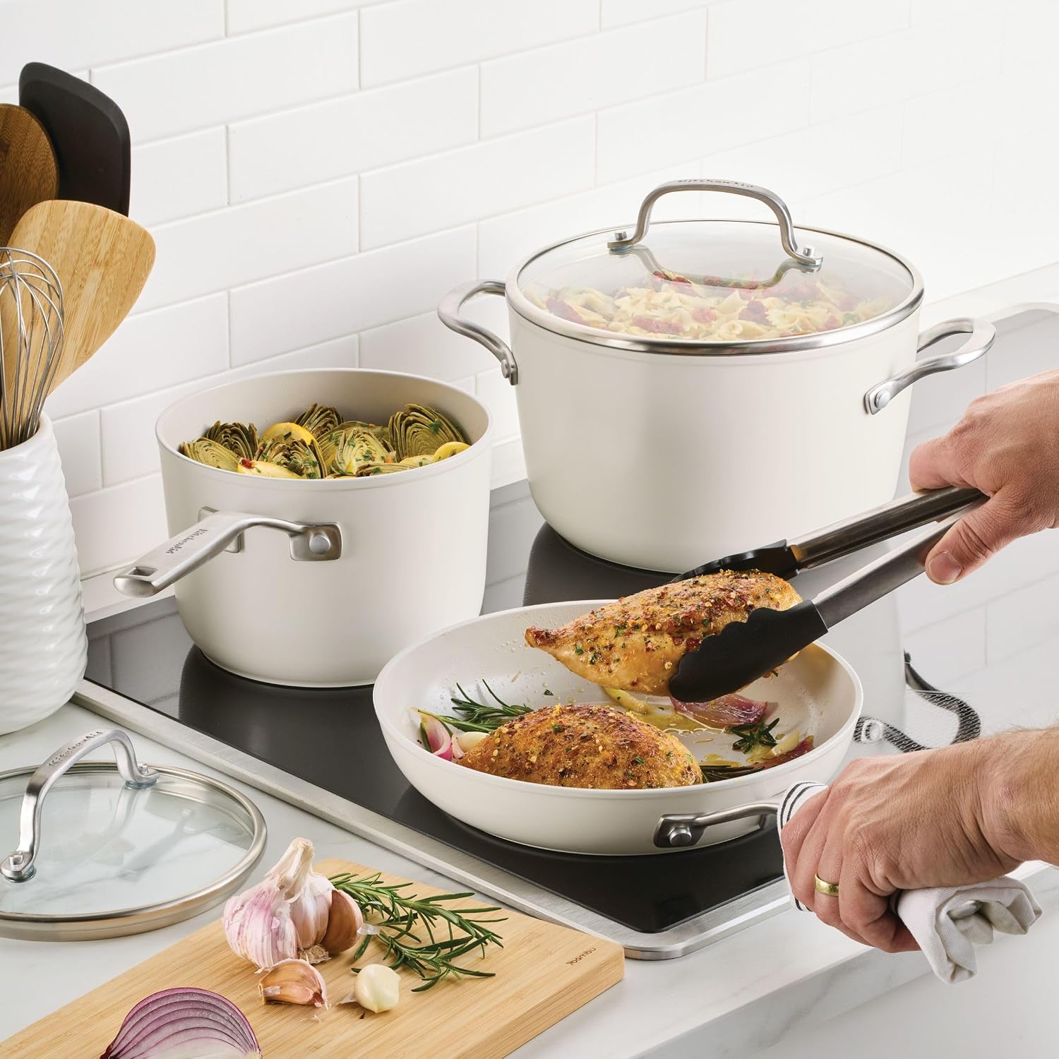 KitchenAid Hard Anodized Ceramic Induction Nonstick Pots and Pans with Saucepans, Frying Pans, Stockpot, and Lids, Dishwasher Safe, 9 Piece Cookware Set with Stainless Steel Handles - Porcelain White