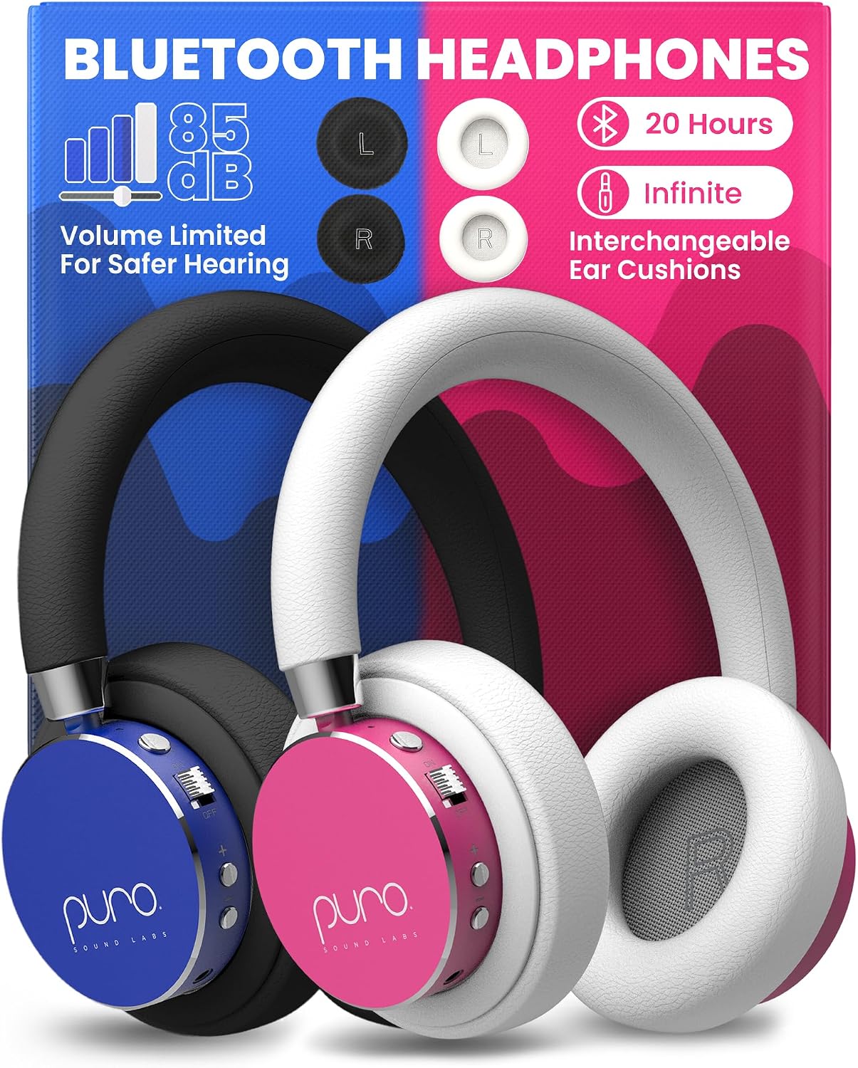 Puro Sound Labs BT2200 Plus Volume Limited Headphones for Kids - Bluetooth, Studio-Grade Audio, Over-Ear & Comfy Design, 20-Hour Battery Life, Easy to Connect Wireless Headphones for Kids, Blue & Pink