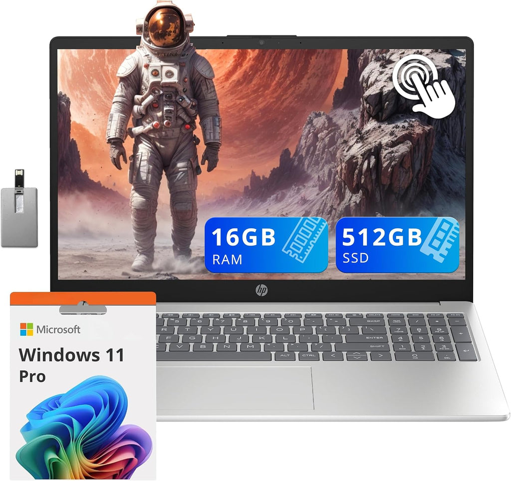 HP 15.6' HD Touchscreen Business Laptop, Intel i3-1215U, 16GB DDR4 RAM, 512GB PCIe SSD, Intel UHD Graphics, Numeric Keypad, 720p HD Camera, Windows 11 Pro, Silver, 32GB Hotface USB Card