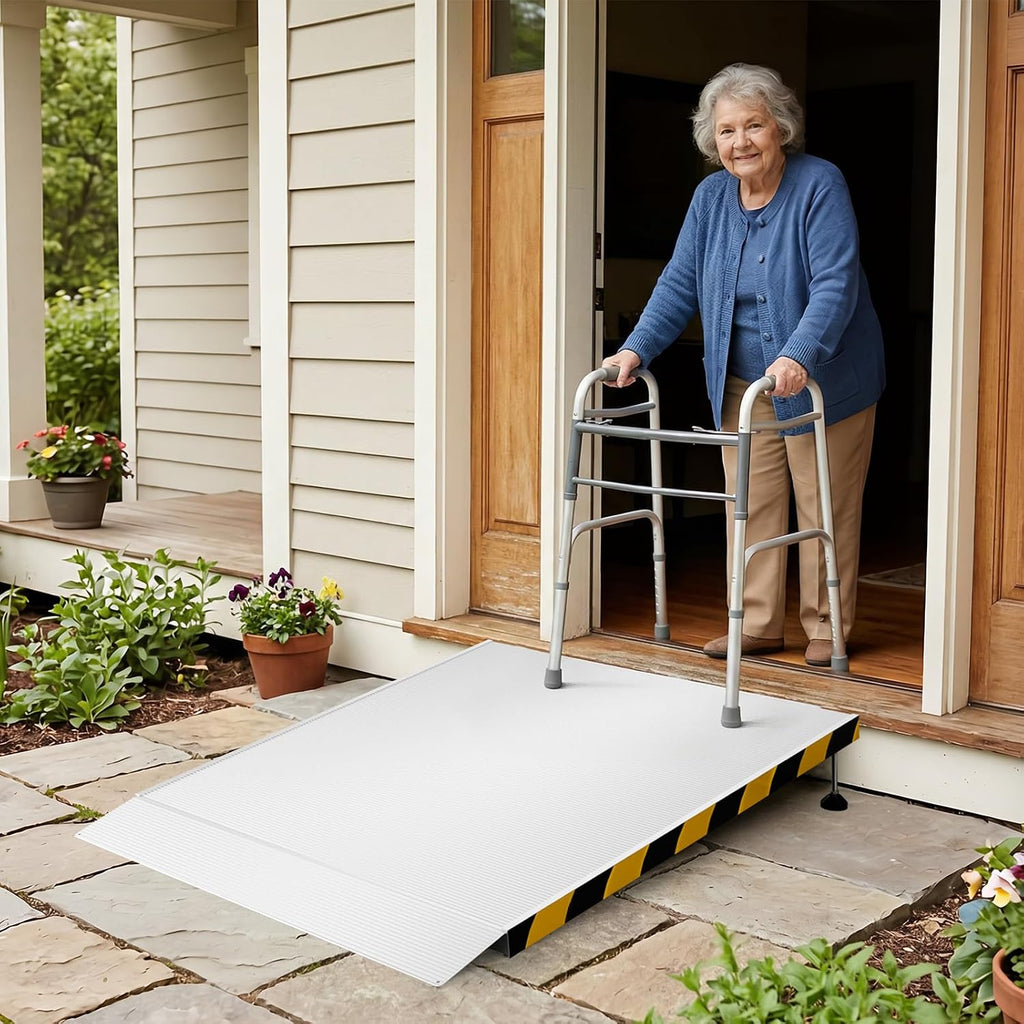 Aluminum Threshold Ramp for Doorways, 36' x 36', Adjustable for 3.34' to 6.3' Rise, Includes Non-Slip Thick Door Mat, Non-Slip Surface, Portable Wheelchair Ramp for Steps, Curbs and Entryways