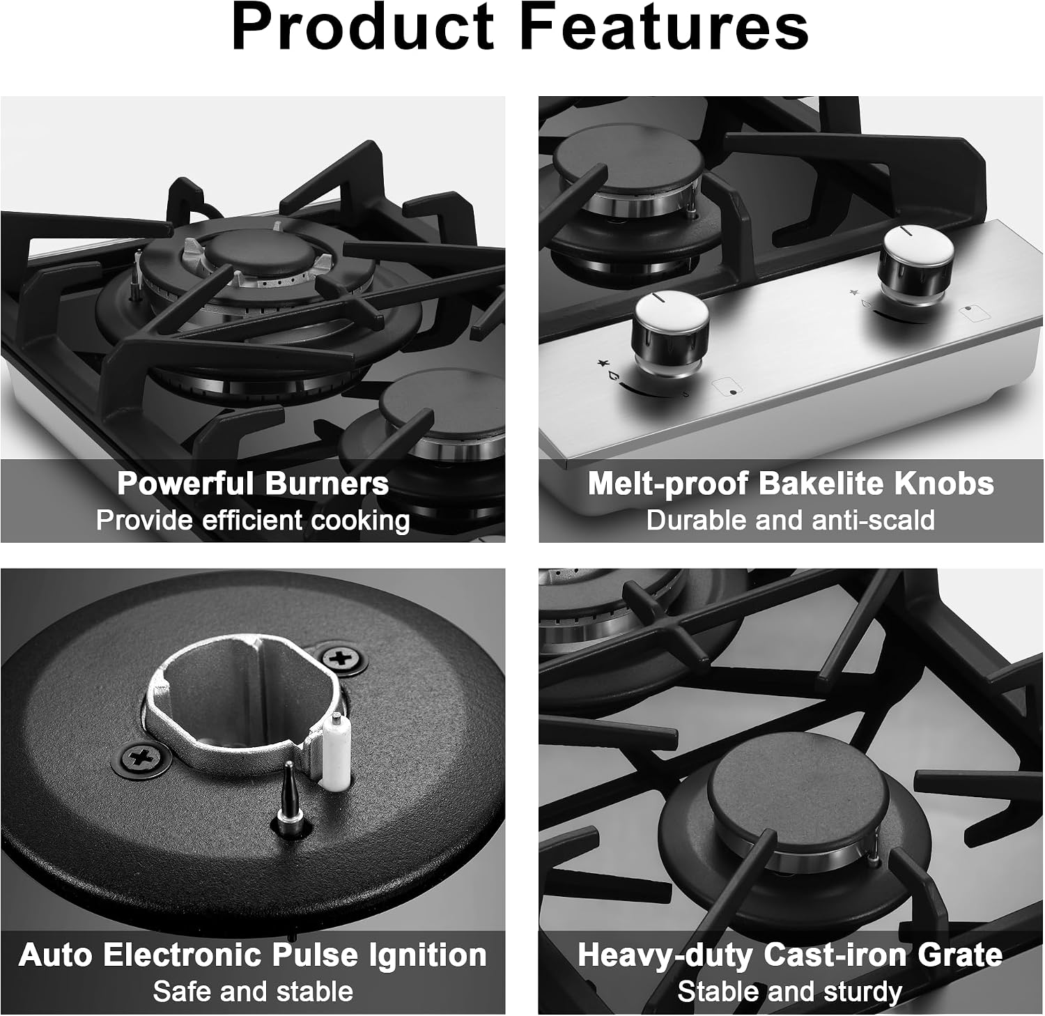 Eascookchef 2 Burner Gas Cooktop, 12 inch LPG/NG Dual Fuel Built-in Gas Stove Top, Black Tempered Glass Stove, Propane Cooktop for Apartment, Outdoor, RV, With Thermocouple Protection