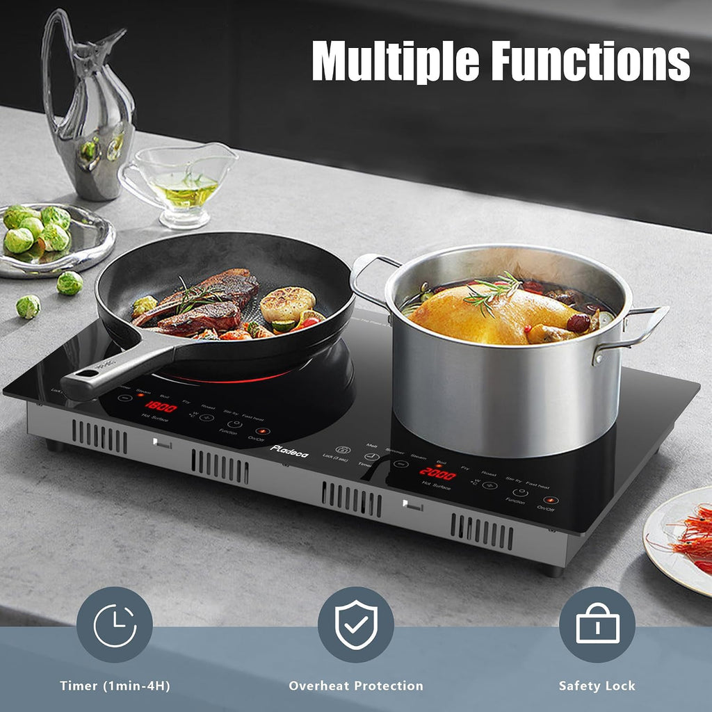 2 Burners Electric Cooktop, 24 Inch Stove top Touch Control, 110v~120v Built-in Elecric Stove Top with Outlet Plug, Child Safety Lock, Timer