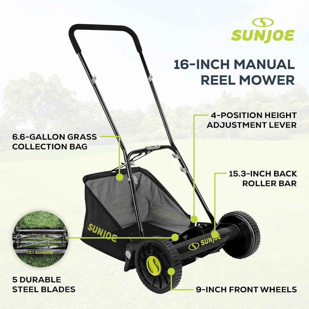 Sun Joe Manual Push Reel Lawn Mower with 6.6-Gal Grass Catcher, 16-Inch Cutting Width - Heavy-Duty Yard Trimmer Machine for Gardening Care and Maintenance, MJ500M