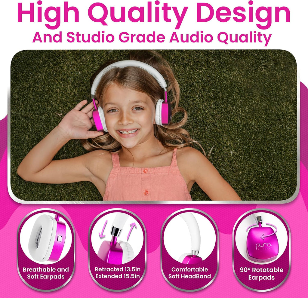 Puro Sound Labs Noise Cancelling Headphones for Kids - 85 dB Volume Limit, Built in Mic, 35-Hour Battery, Lightweight On Ear Design & Comfy Fit, Bluetooth Headphones for Kids – PuroQuiet Plus, Pink