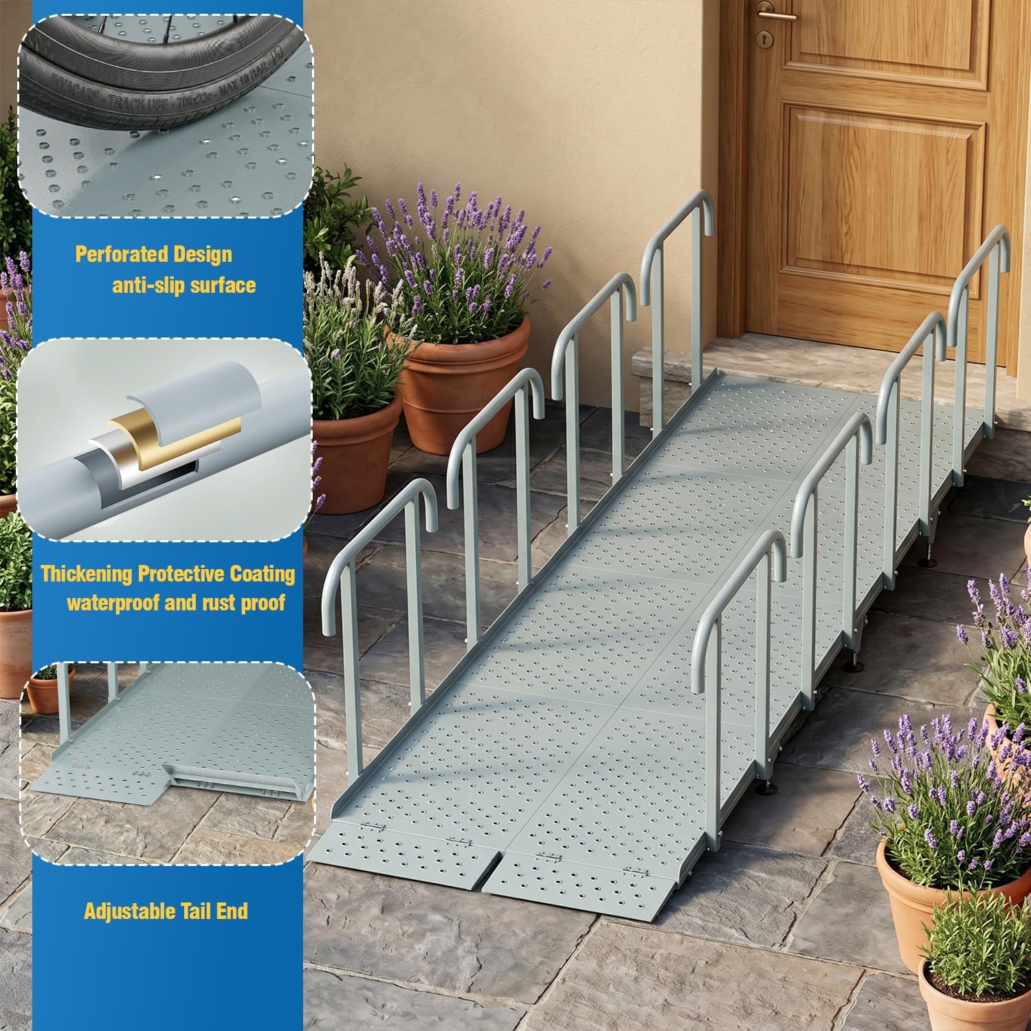 12'L x 36' W Portable Wheelchair Ramp with Handrails, Non-Slip Heavy Duty Handicap Ramp 850lbs Load Capacity, Wheelchair Ramp for Home Steps, Stairs, Doorway