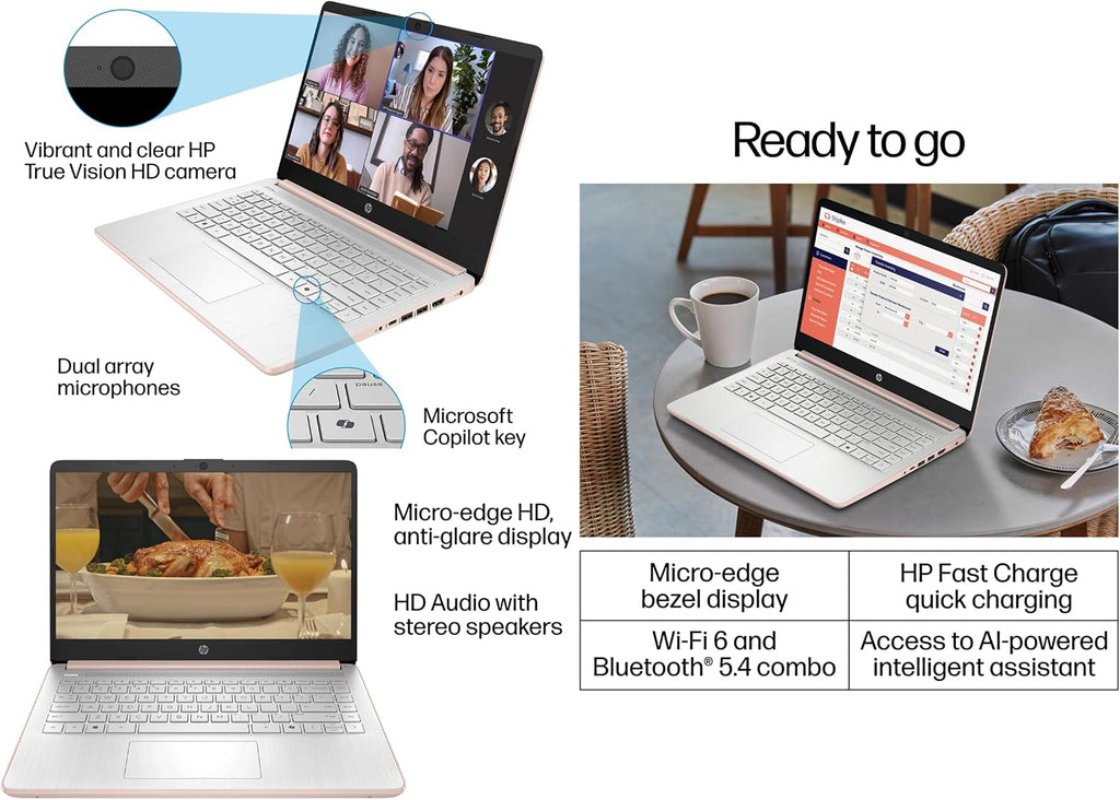 HP 14 inch Student Laptop 2025, Intel Processor N150 (up to 3.60 GHz), 1-Year Microsoft 365, Copilot AI, Fast Charge, Wi-Fi 6, Ultra Slim, Win 11 S, w/128GB PSD (Pale Rose Gold, 8GB RAM | 128GB UFS)
