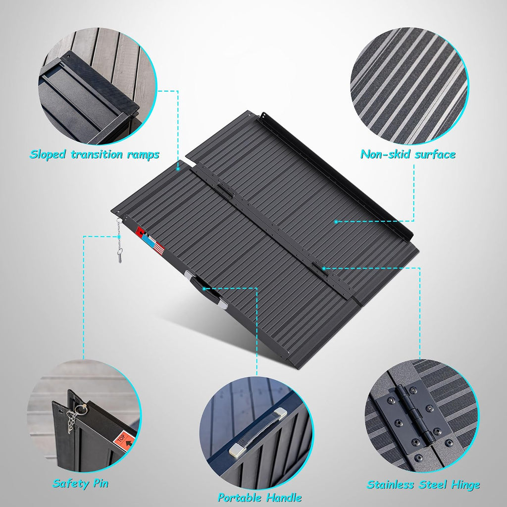 WHALEMOTOR Black Portable Wheelchair Ramp, 3FT No-sew Non-Slip Aluminum Wheelchair Ramp, Folding Portable Wheelchair Ramps for Home, Weight Capacity Up to 800 LBS, Loading Dock Plates