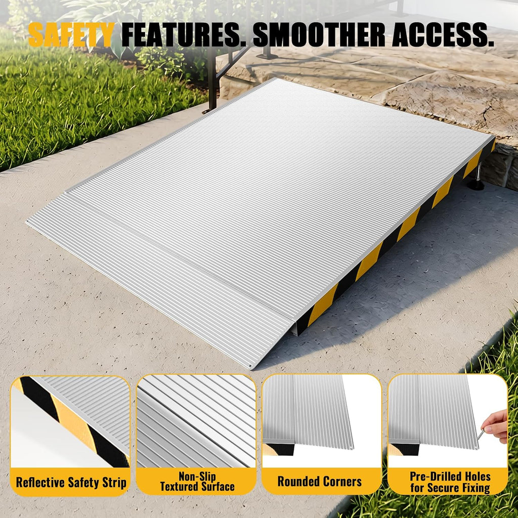 Aluminum Threshold Ramp for Doorways, Adjustable 3.34' to 5.3' Rise, 48' Portable Wheelchair Walker Ramp for Home with Adjustable Leveling Feet and Non-Slip Door Mat, for Steps, Curbs and Entryways