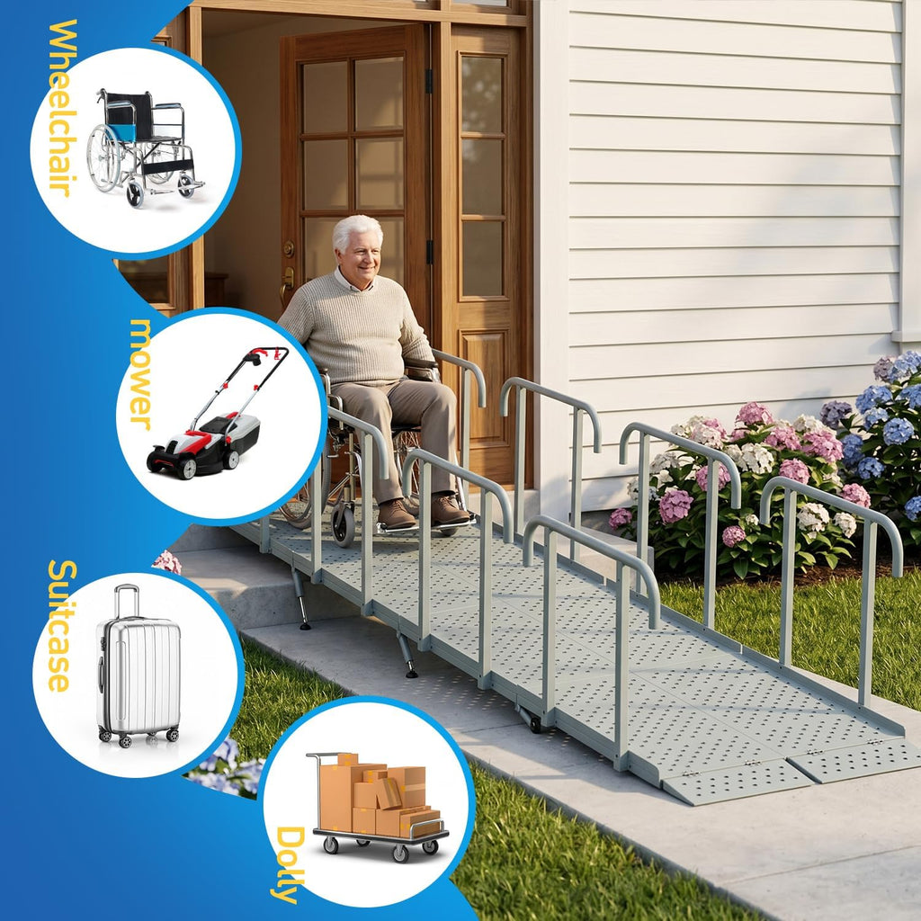 12'L x 36' W Portable Wheelchair Ramp with Handrails, Non-Slip Heavy Duty Handicap Ramp 850lbs Load Capacity, Wheelchair Ramp for Home Steps, Stairs, Doorway