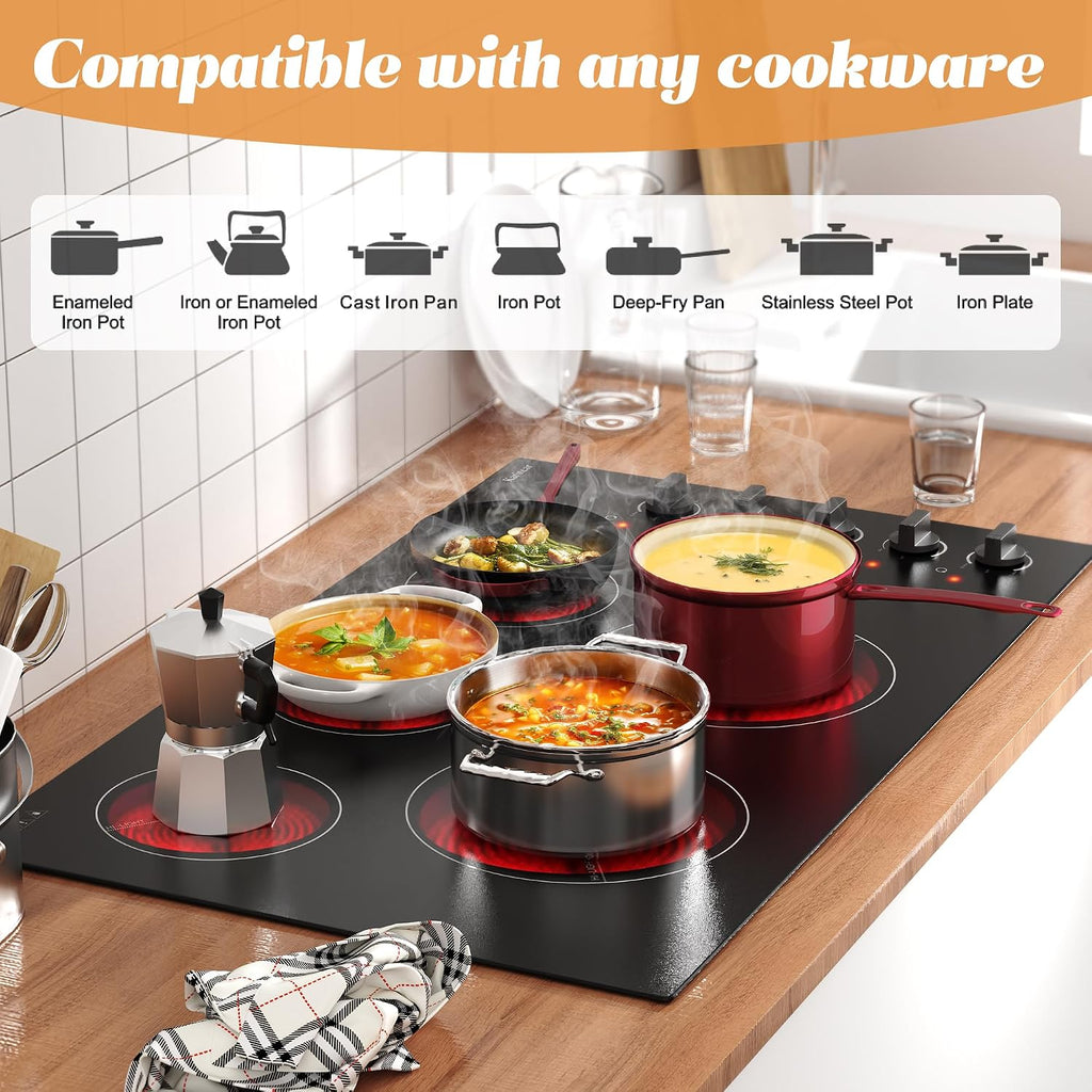 Karinear 36 Inch Electric Cooktop, Knob Control 5 Burner Electric Stove Top, Over-Temperature Protection, Hot Surface Indicator,36' Drop-in, Hard Wire 240V