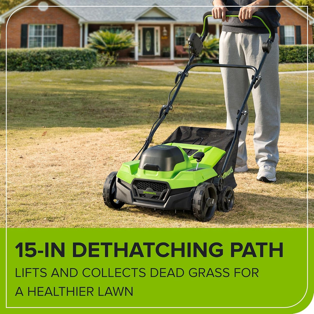 Greenworks 40V 15-Inch 2-in-1 Dethatcher & Scarifier, 5.0Ah Battery & Rapid Charger Included, Brushless Motor, 5-Position Depth Adjustment