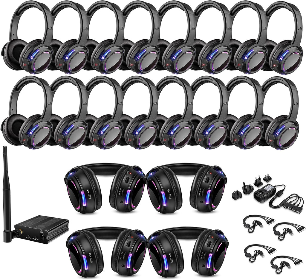 Professional Silent Disco LED Wireless Headphones and RF LED Silent Disco Earphones for iPod MP3 DJ Music Pary Club (20 led Headphone + 1 Transmitter)