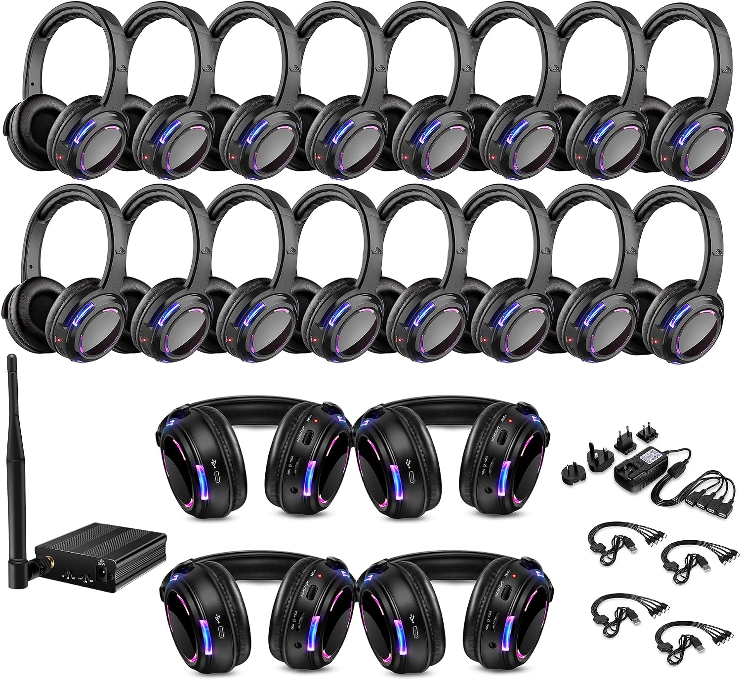 Professional Silent Disco LED Wireless Headphones and RF LED Silent Disco Earphones for iPod MP3 DJ Music Pary Club (20 led Headphone + 1 Transmitter)