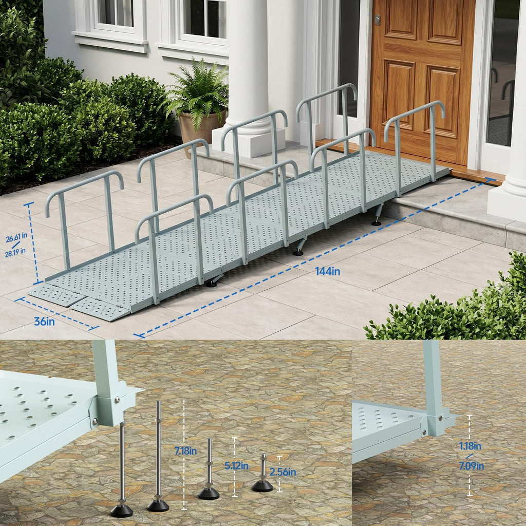 12'L x 36' W Portable Wheelchair Ramp with Handrails, Non-Slip Heavy Duty Handicap Ramp 850lbs Load Capacity, Wheelchair Ramp for Home Steps, Stairs, Doorway