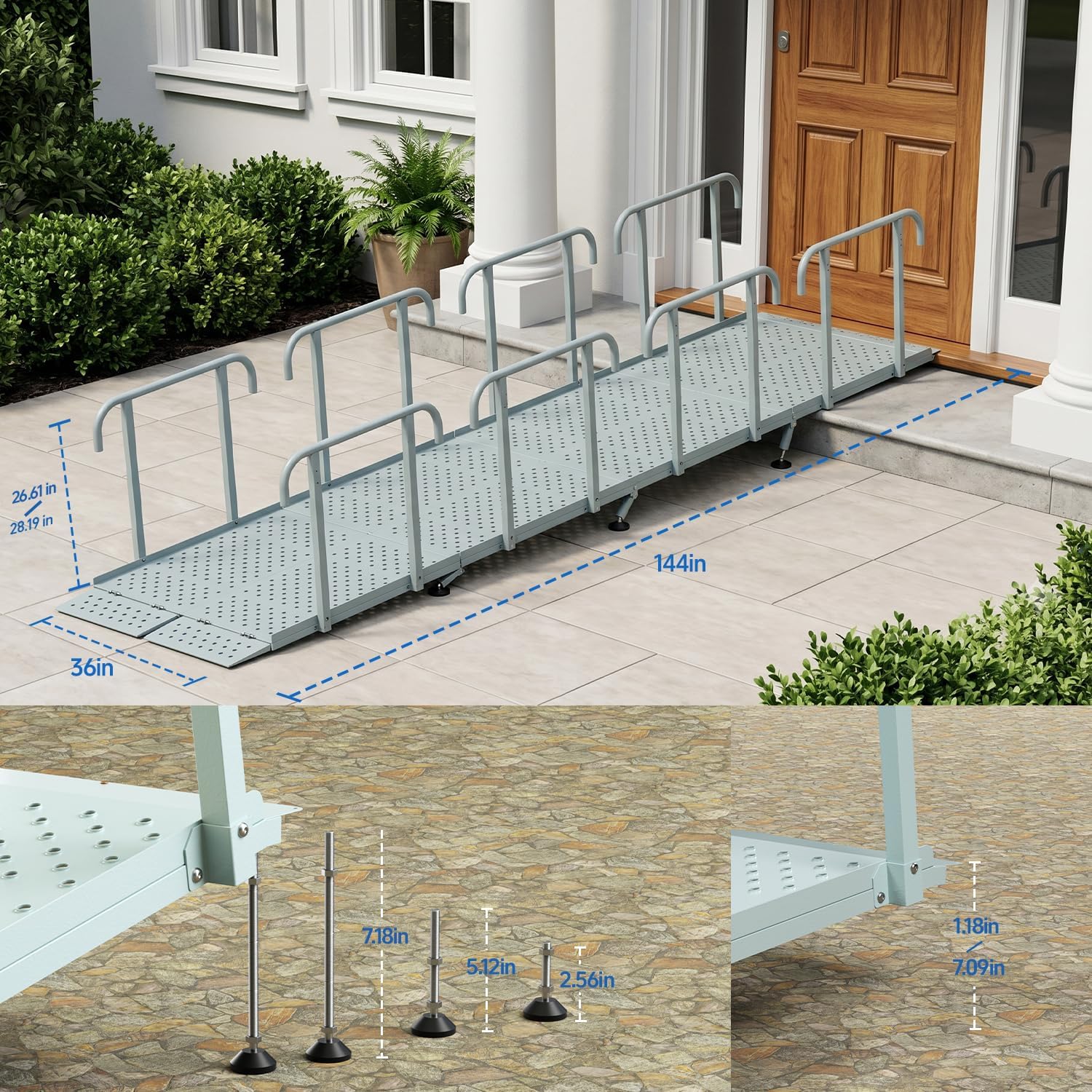 12'L x 36' W Portable Wheelchair Ramp with Handrails, Non-Slip Heavy Duty Handicap Ramp 850lbs Load Capacity, Wheelchair Ramp for Home Steps, Stairs, Doorway