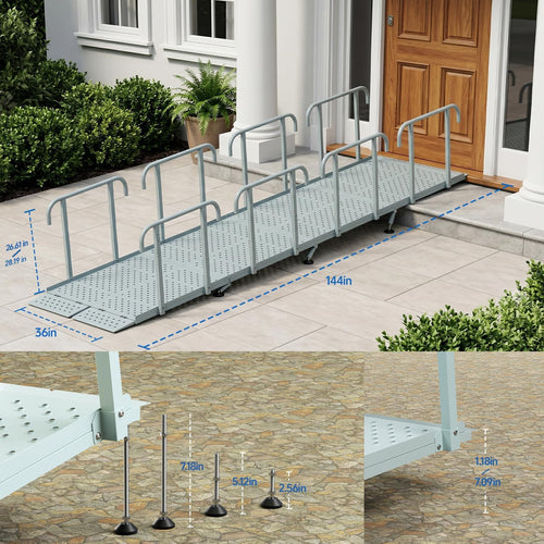 12'L x 36' W Portable Wheelchair Ramp with Handrails, Non-Slip Heavy Duty Handicap Ramp 850lbs Load Capacity, Wheelchair Ramp for Home Steps, Stairs, Doorway