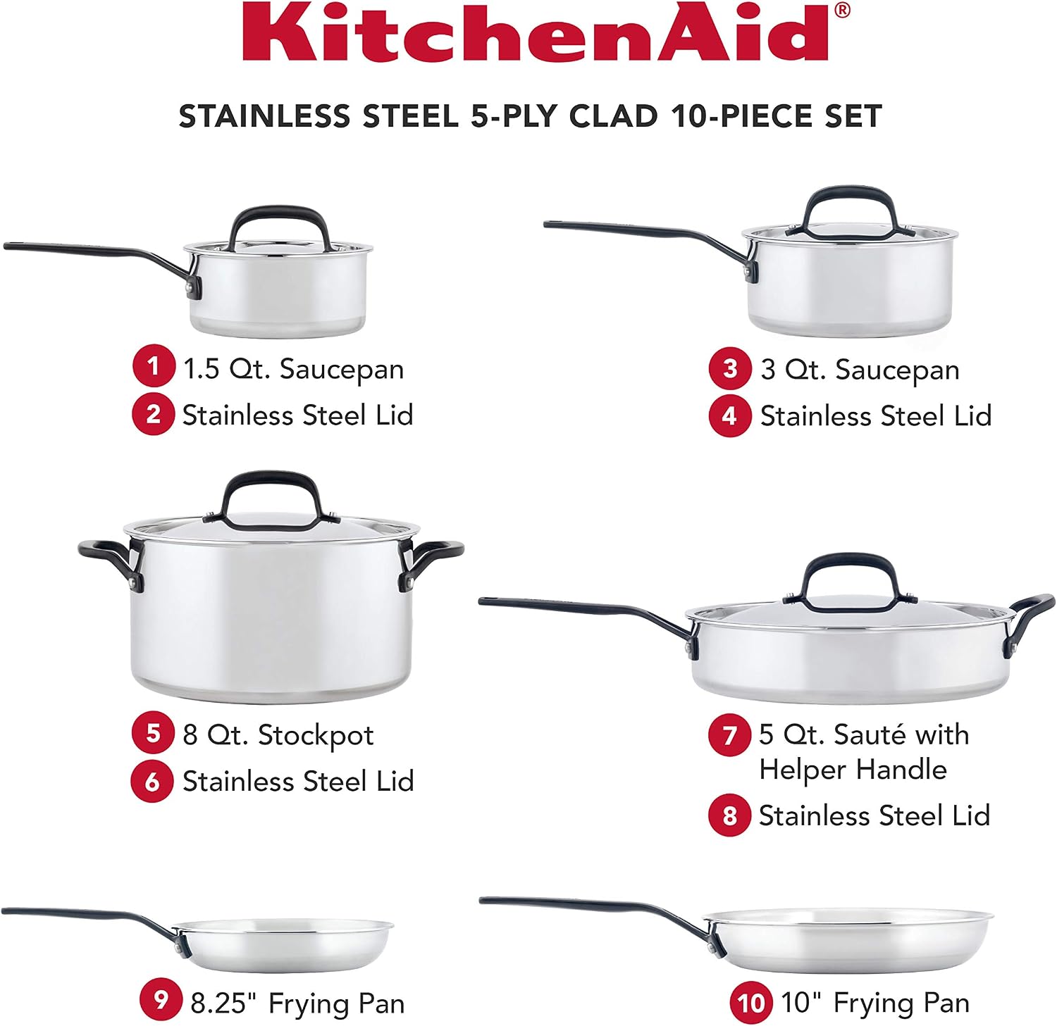 KitchenAid 5-Ply Clad Polished Stainless Steel Cookware Pots and Pans Set, Cookware Set (10 Piece)