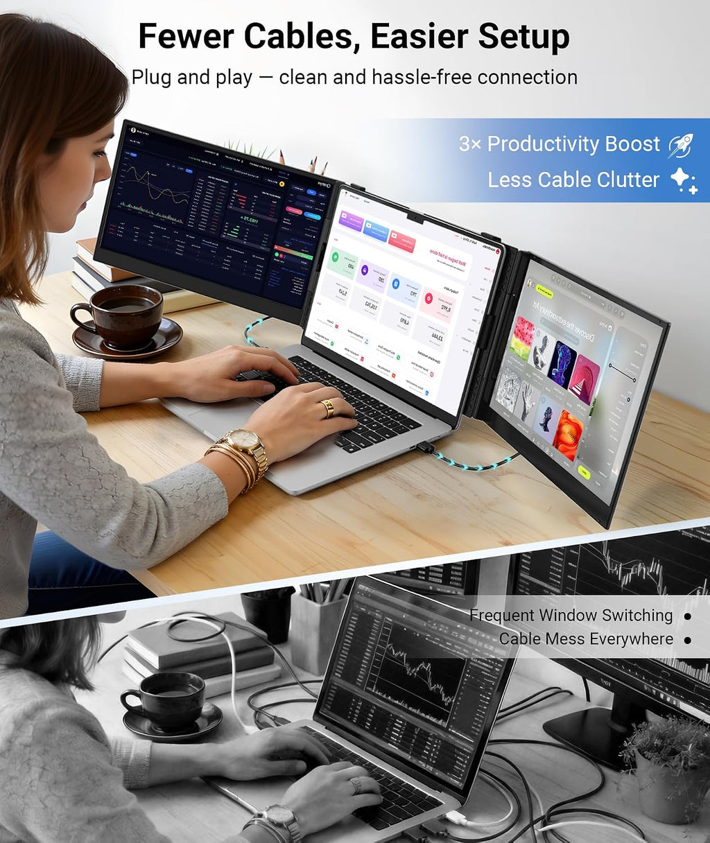 14' Triple Laptop Screen Extender, FHD 1080P IPS Ultra-Thin Portable Monitor, 2.2lbs Plug & Play USB-C/HDMI Travel Monitor for 13'-17' Laptops, Compatible with Windows, Mac, Android, Chrome