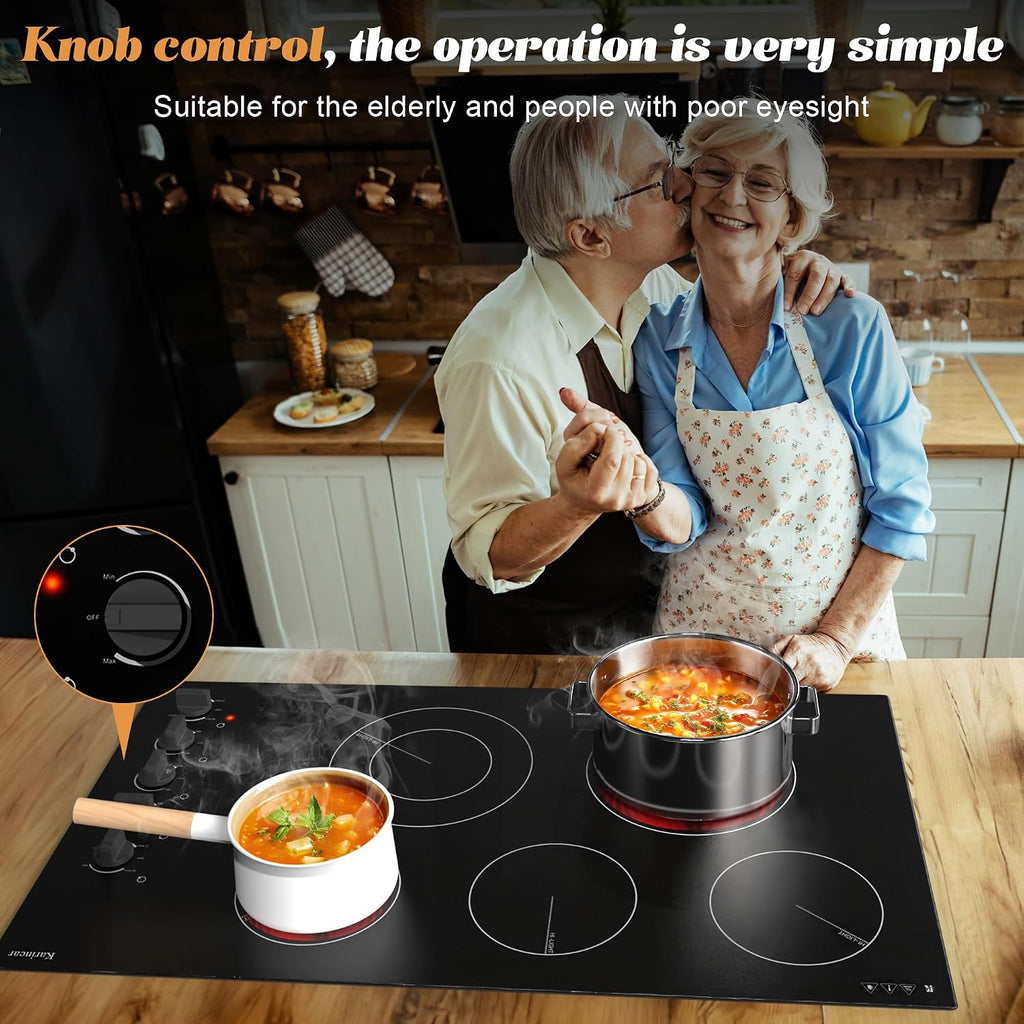 Karinear 36 Inch Electric Cooktop, Knob Control 5 Burner Electric Stove Top, Over-Temperature Protection, Hot Surface Indicator,36' Drop-in, Hard Wire 240V