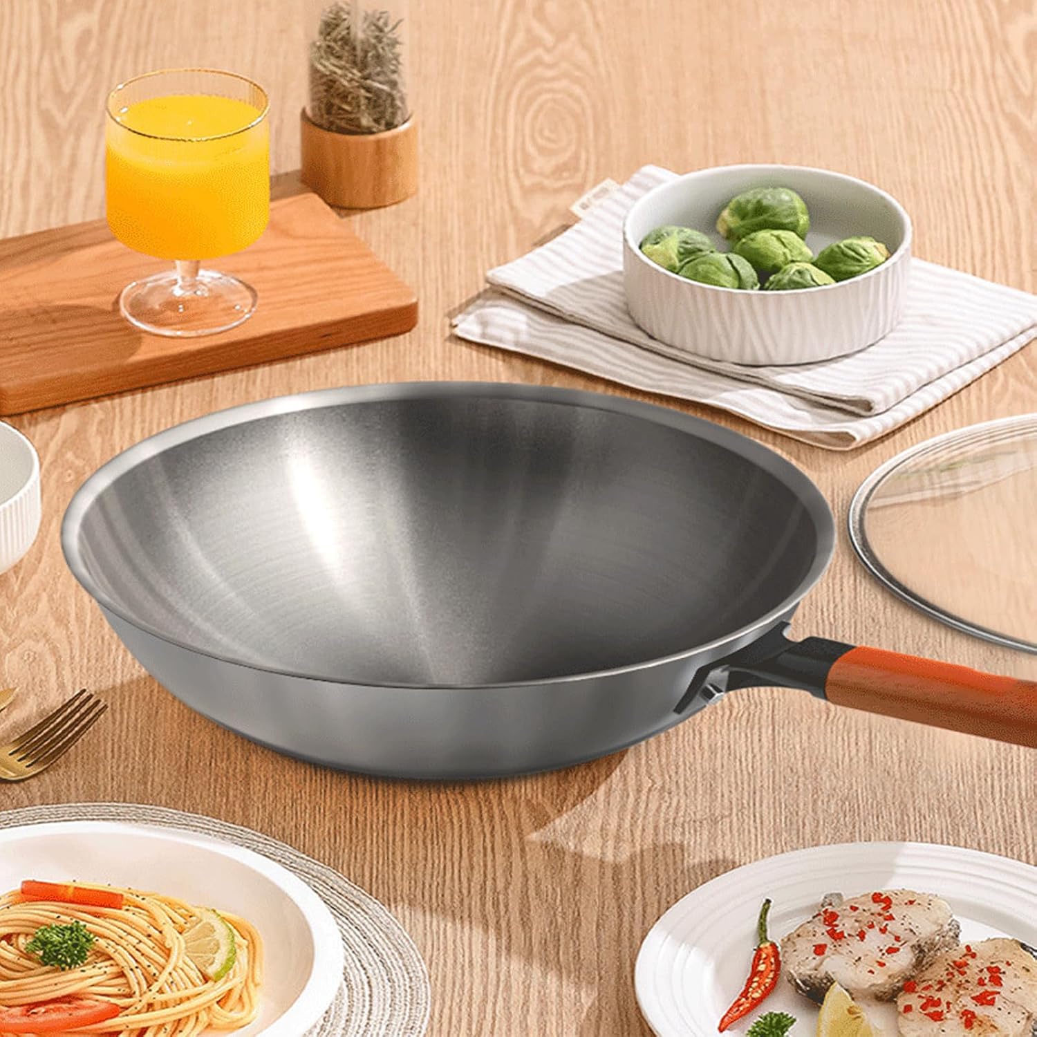 Pure Titanium Wok Titanium Wok Uncoated Flat Bottom Non-Stick Pan,Woks & Stir Fry Pans with Stay-Cool Handle,Flat Bottom Wok Suits for Induction, Electric, All Stoves,