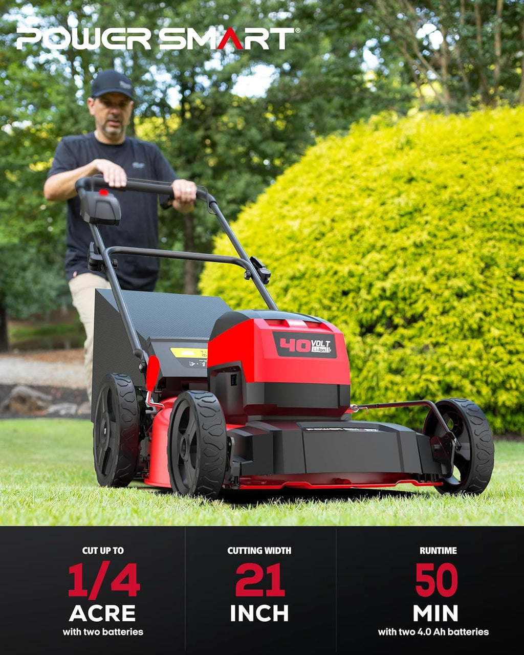 PowerSmart 40V 21' Cordless Lawn Mower, Up to 1/4 Acre, Dual 40V 4.0Ah Batteries and a Charger Included, 1.5' - 3.9' Height Adjustment, 1.4 Bushels Collecting Bag (MB2400B)