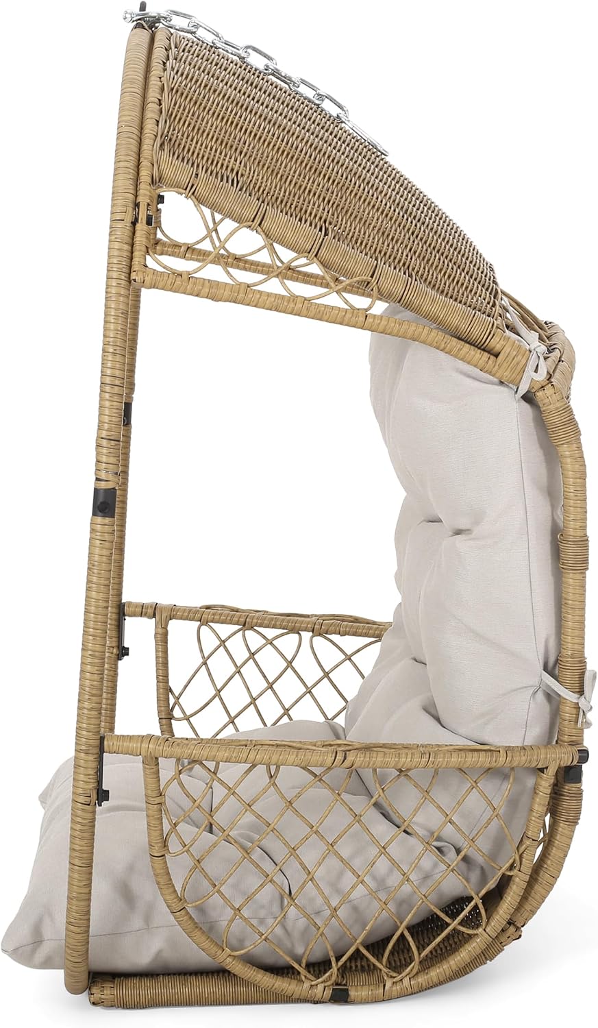 Hanging Egg Chair with Cushion, Wicker Basket Hanging Chair for Indoor Outdoor Patio, Balcony, Living Room, Brown & Beige (Stand Not Included)
