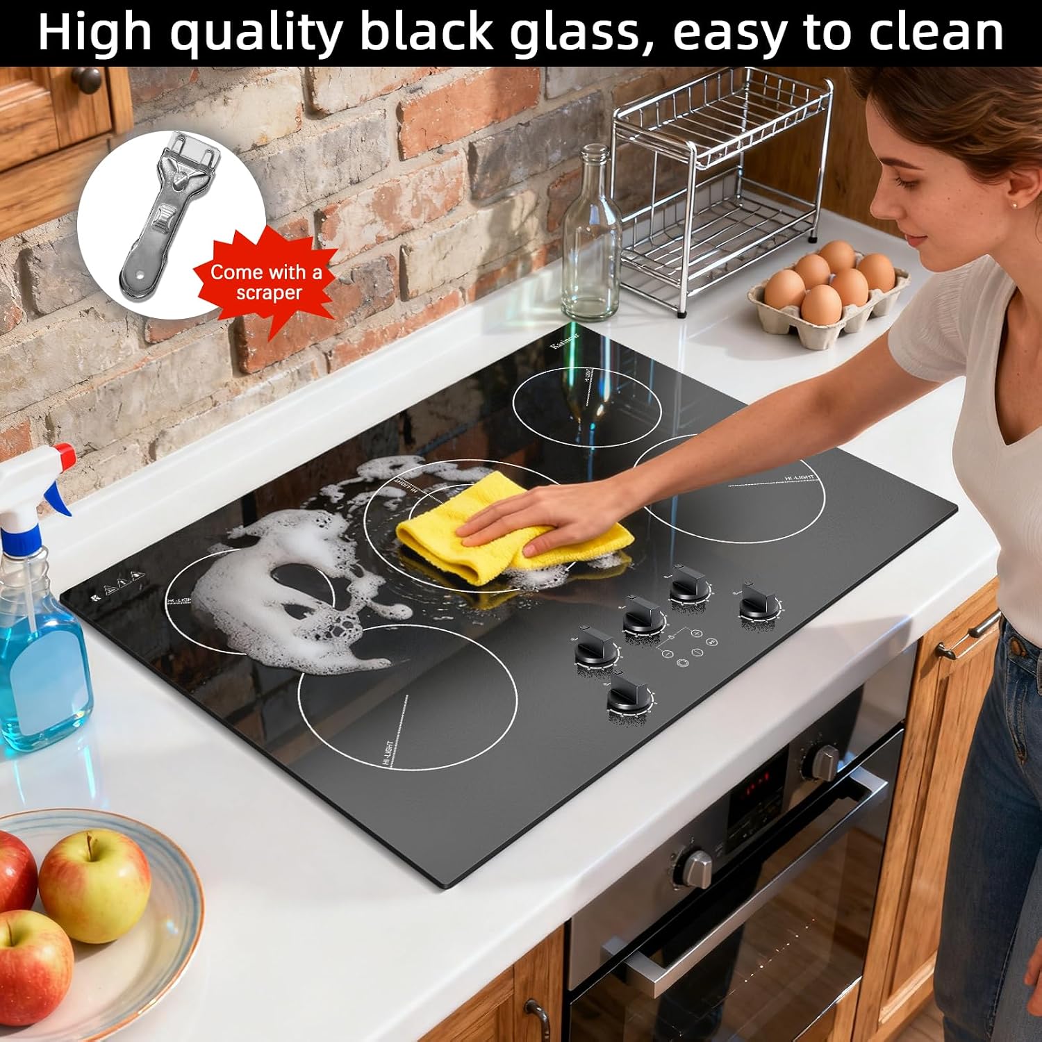 Karinear Electric Cooktop 30 Inch, 5 Burner Radiant Cooktop with Knob & Touch Control, 8500W 240V Built-in Stove Top, 9 Power Levels, Timer, Child Lock, Pause, Residual Heat Indicator(Black Knob)